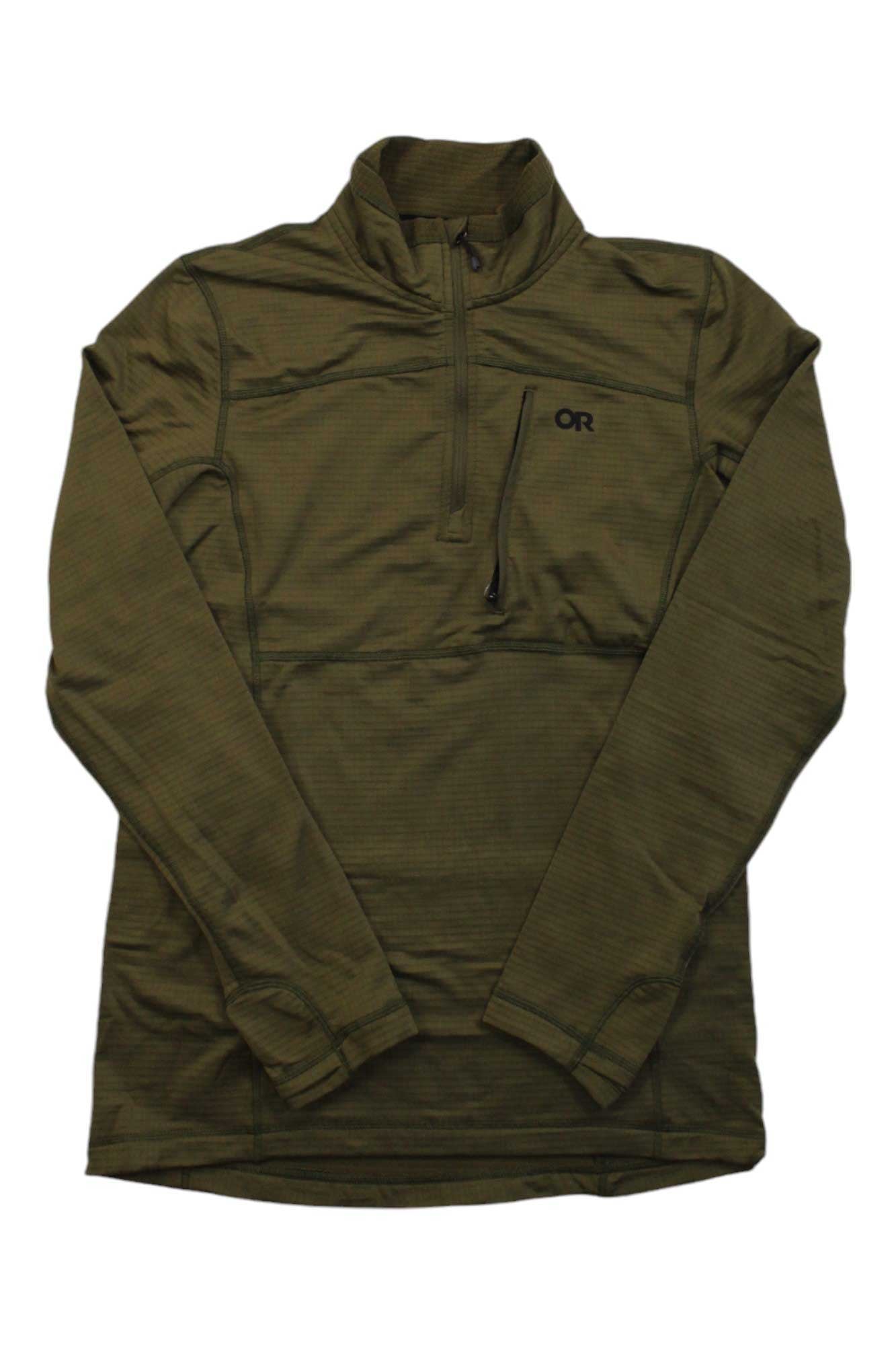 The Outdoor Research Men's Vigor Quarter Zip Jacket in olive green is a long-sleeve fleece with a chest pocket and OR logo on the left chest, shown laid flat on a white background.