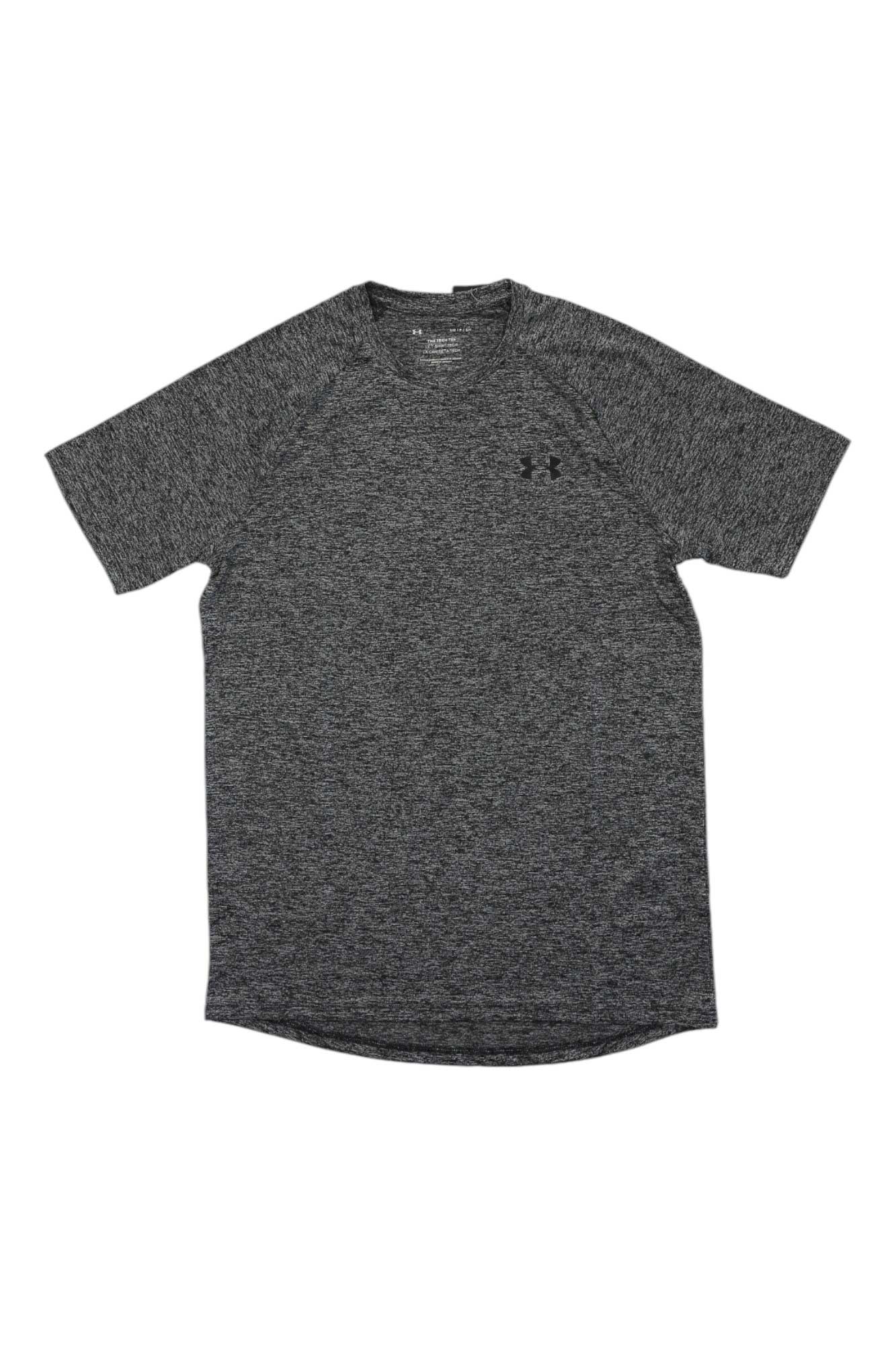 The Under Armour Mens UA Tech 2.0 SS Tee is a short-sleeve, dark gray athletic shirt with a subtle heathered pattern, crew neck, raglan sleeves, moisture-wicking fabric, and a small logo on the left chest.