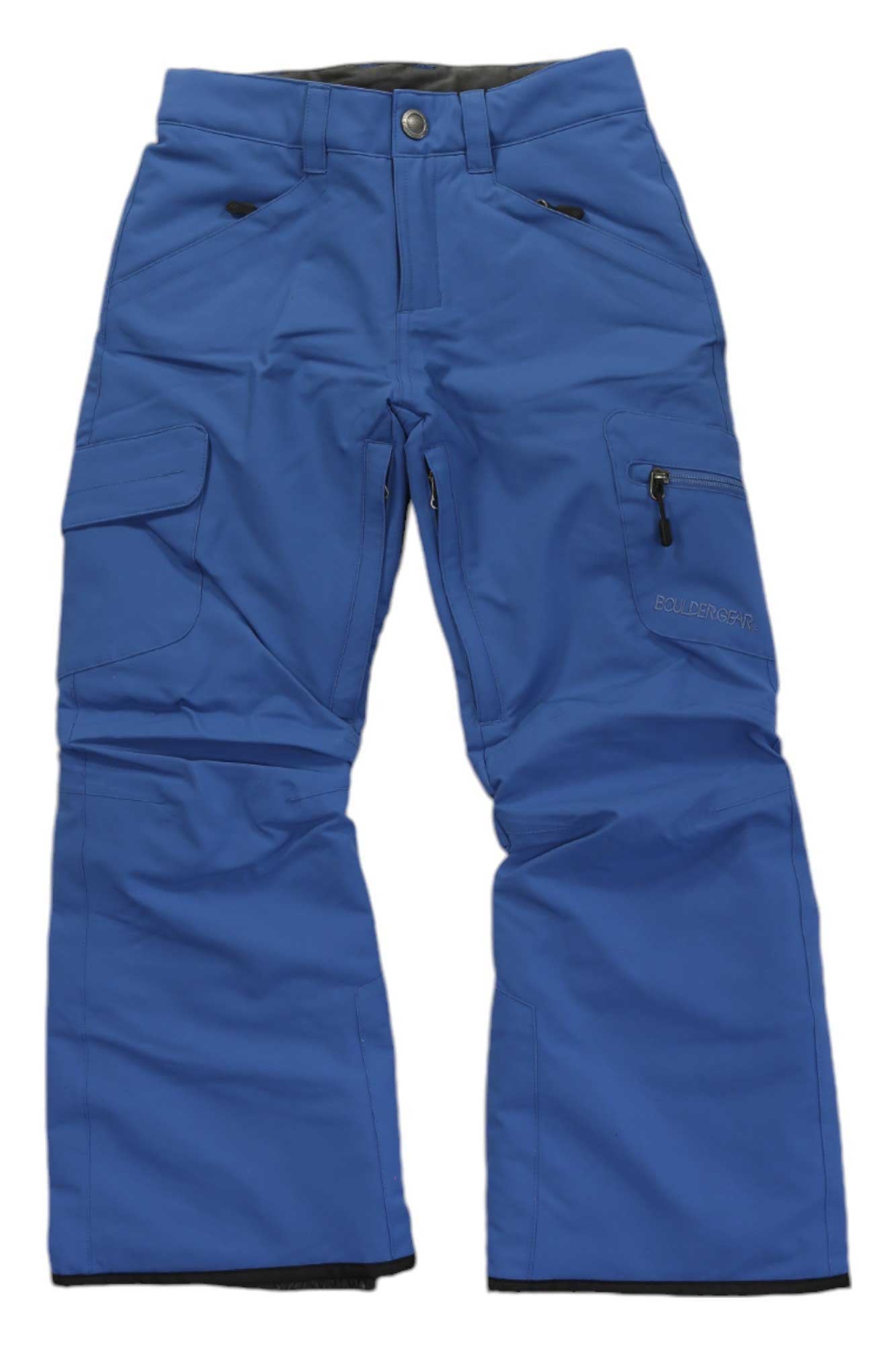 The Ravish Insulated Pants are bright blue Boulder Gear girls' ski pants featuring multiple zippered and flap pockets, reinforced knees, button and zipper closure, and a waterproof, insulated material for snowboarding.