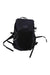 Black backpack with front zip pocket, top flap, and multiple adjustable straps