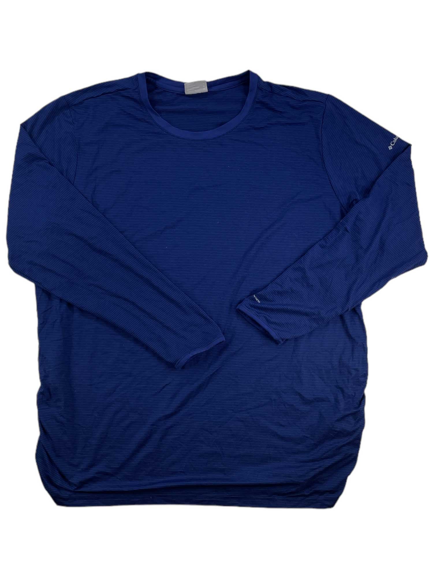The Womens Leslie Falls Long Sleeve Shirt - Plus Size in navy blue is shown laid flat on a white background; perfect as a moisture-wicking baselayer for outdoor activities.