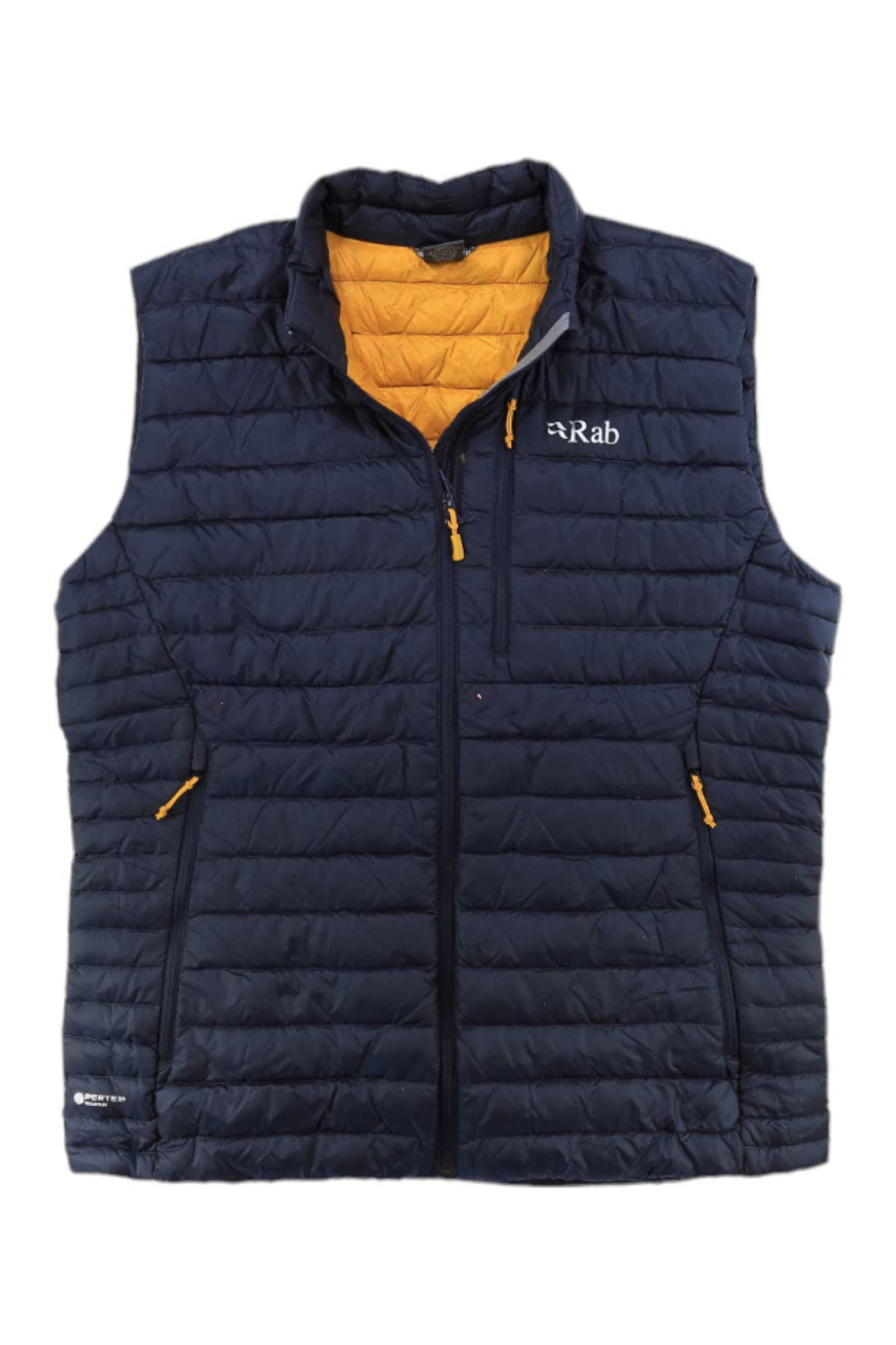 Men's quilted puffer vest with full front zipper and orange lining, dark outer fabric