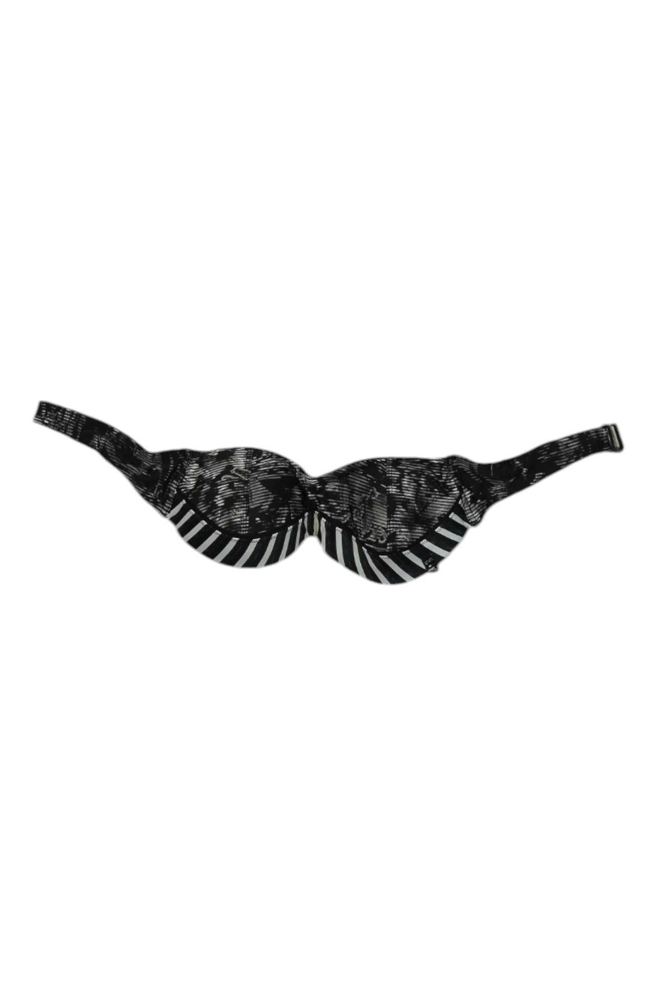 The Lole Womens Niyiri Bandeau Top is a black bra with lace details on the cups and straps, plus vertical black and white stripes on the lower cups, laid flat on a white background.