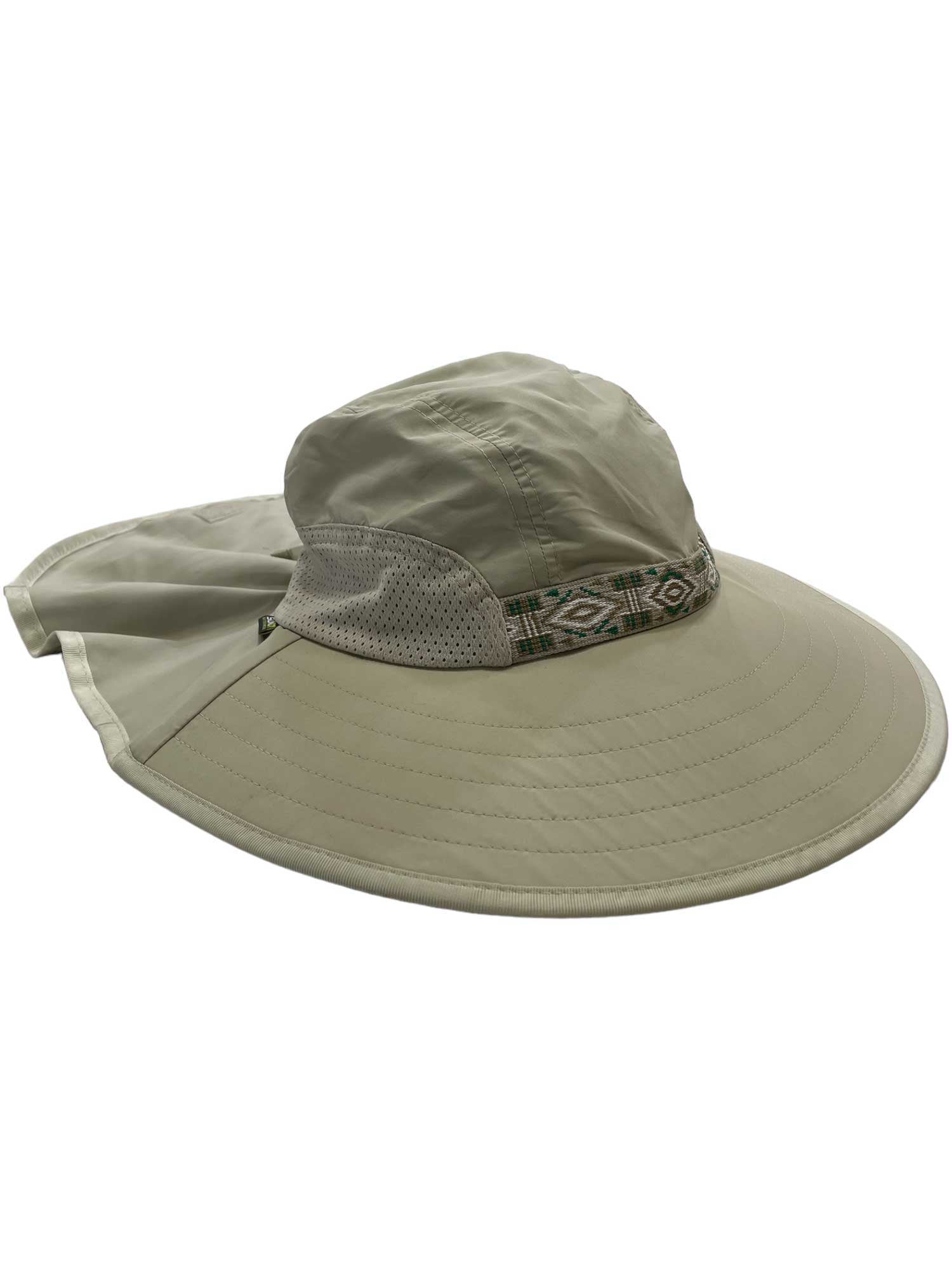 Adventure hat in light olive with mesh panel and patterned trim