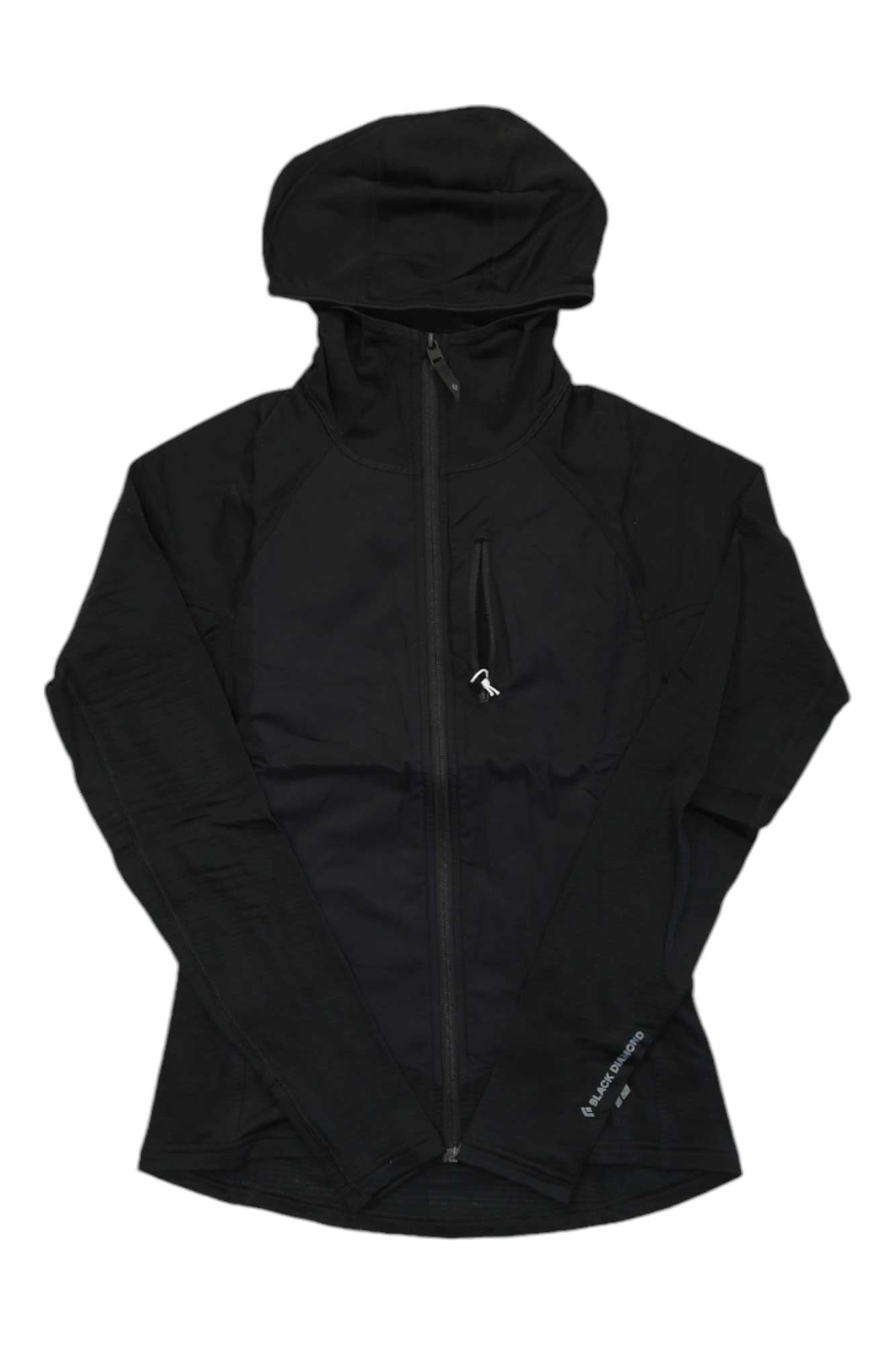 The Black Diamond Womens Coefficient Lt Hybrid Hoody is a black zip-up jacket with a high collar, long sleeves, fitted design, Primaloft insulation, and a zip pocket on the left chest, shown laid flat on a white background.