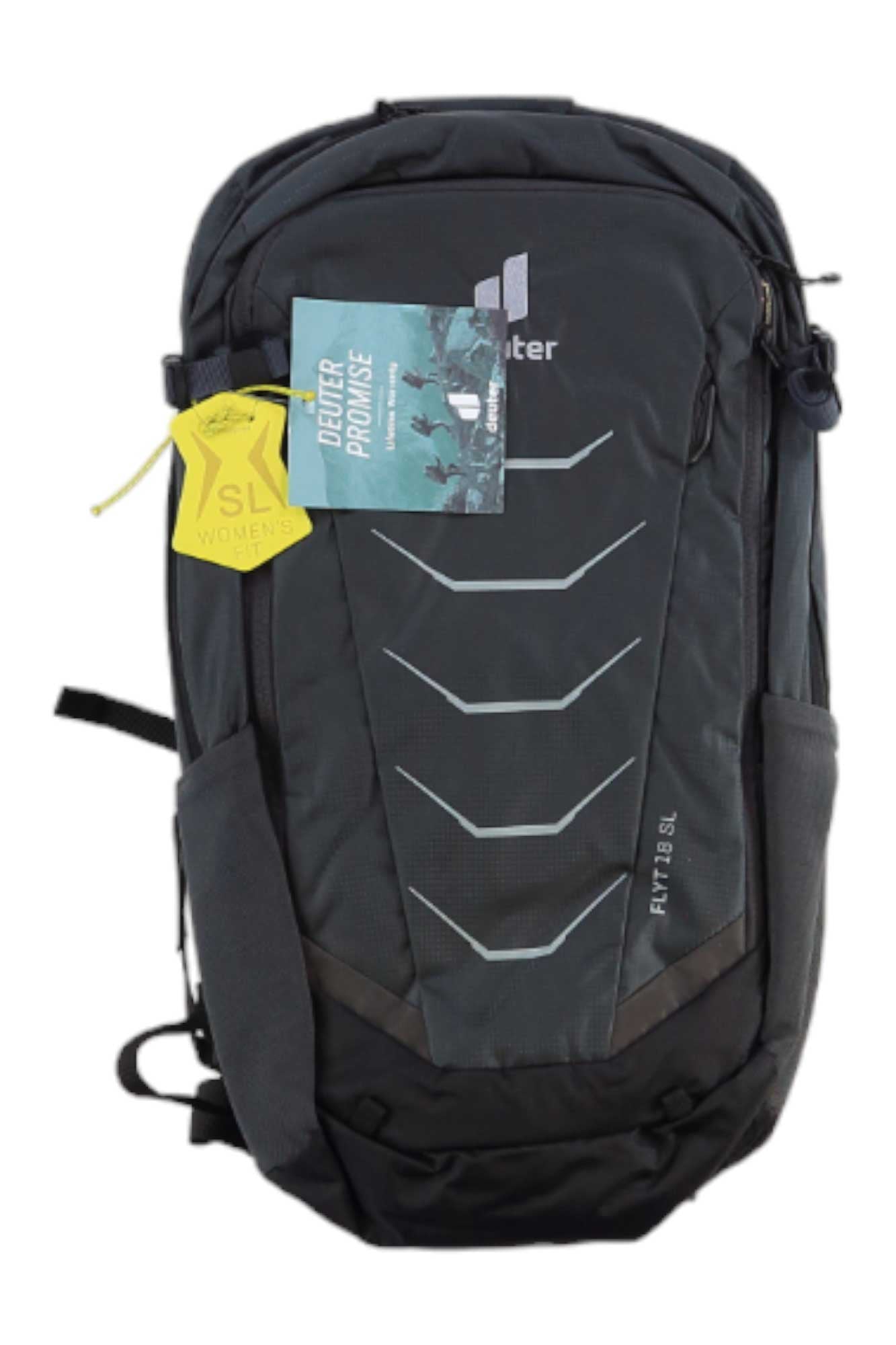 The Deuter Flyt 18 SL Pack, shown in black and dark gray with a hexagonal yellow SL tag and rectangular blue tag, is displayed front-facing on a white background. This hydration compatible pack includes a built-in back protector.