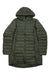 Women's full-length down parka with hood, dark olive green, front zip and side pockets