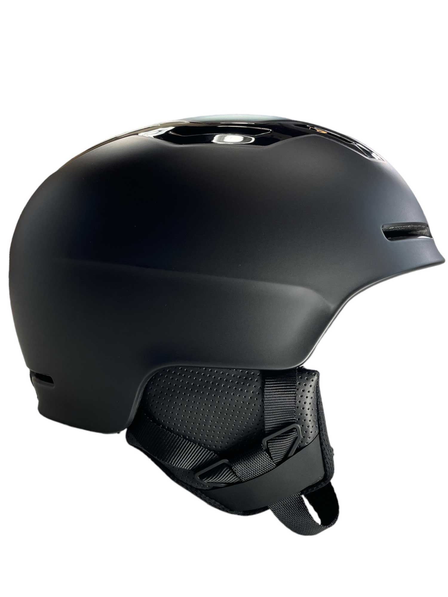 Bicycle MIPS helmet, matte black shell with black chin strap and rear vents
