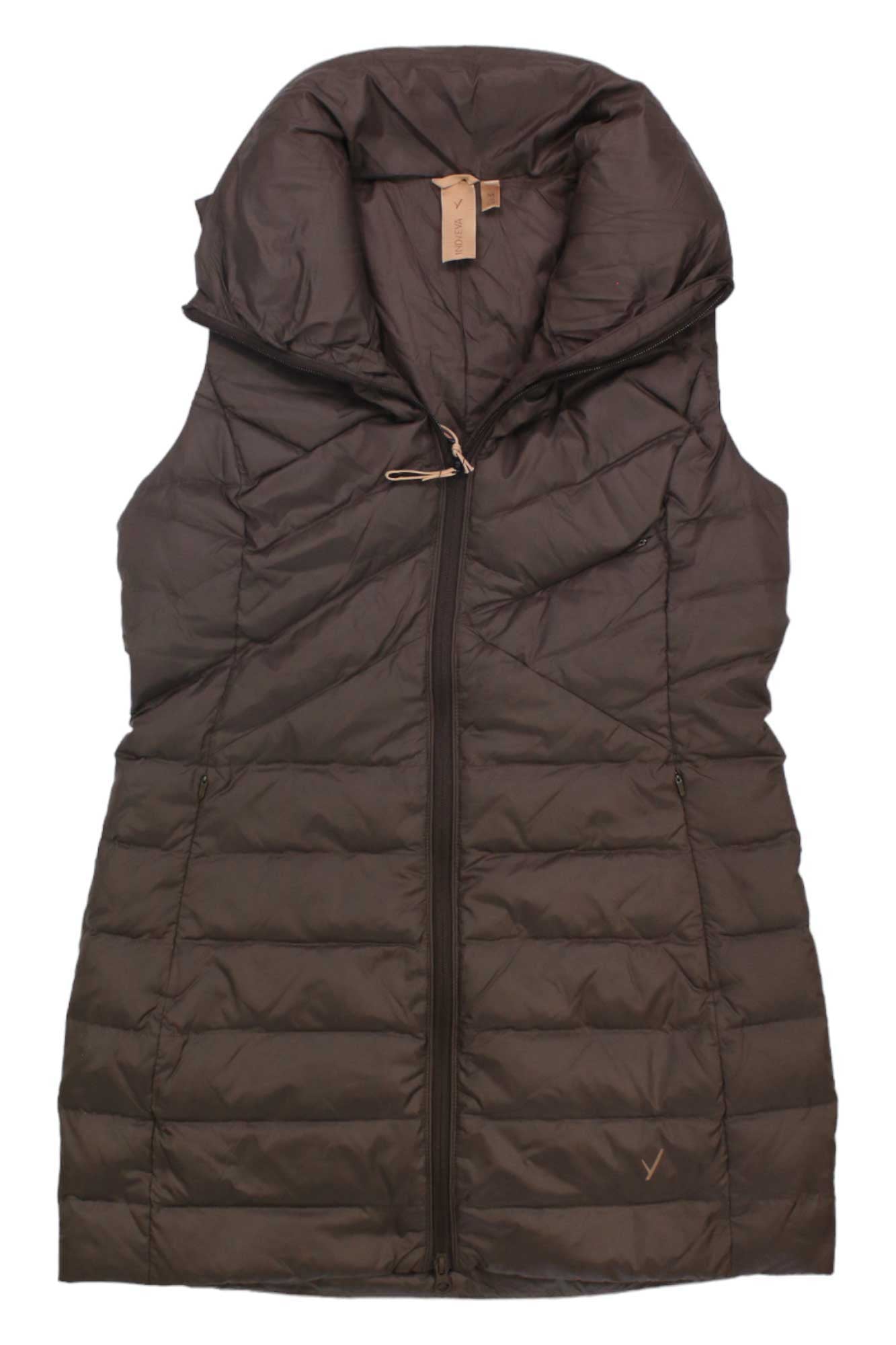 The Indyeva Womens Kapa Vest is a sleeveless black insulated vest featuring a high collar and front zipper closure, shown laid flat on a white background.