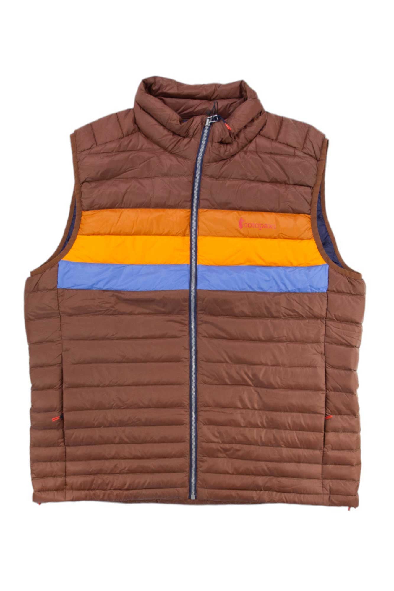 The Cotopaxi Mens Fuego Down Vest is a brown, water-resistant insulated vest with a front zipper, horizontal quilted lines, and two chest stripes—orange and light blue—for stylish comfort.