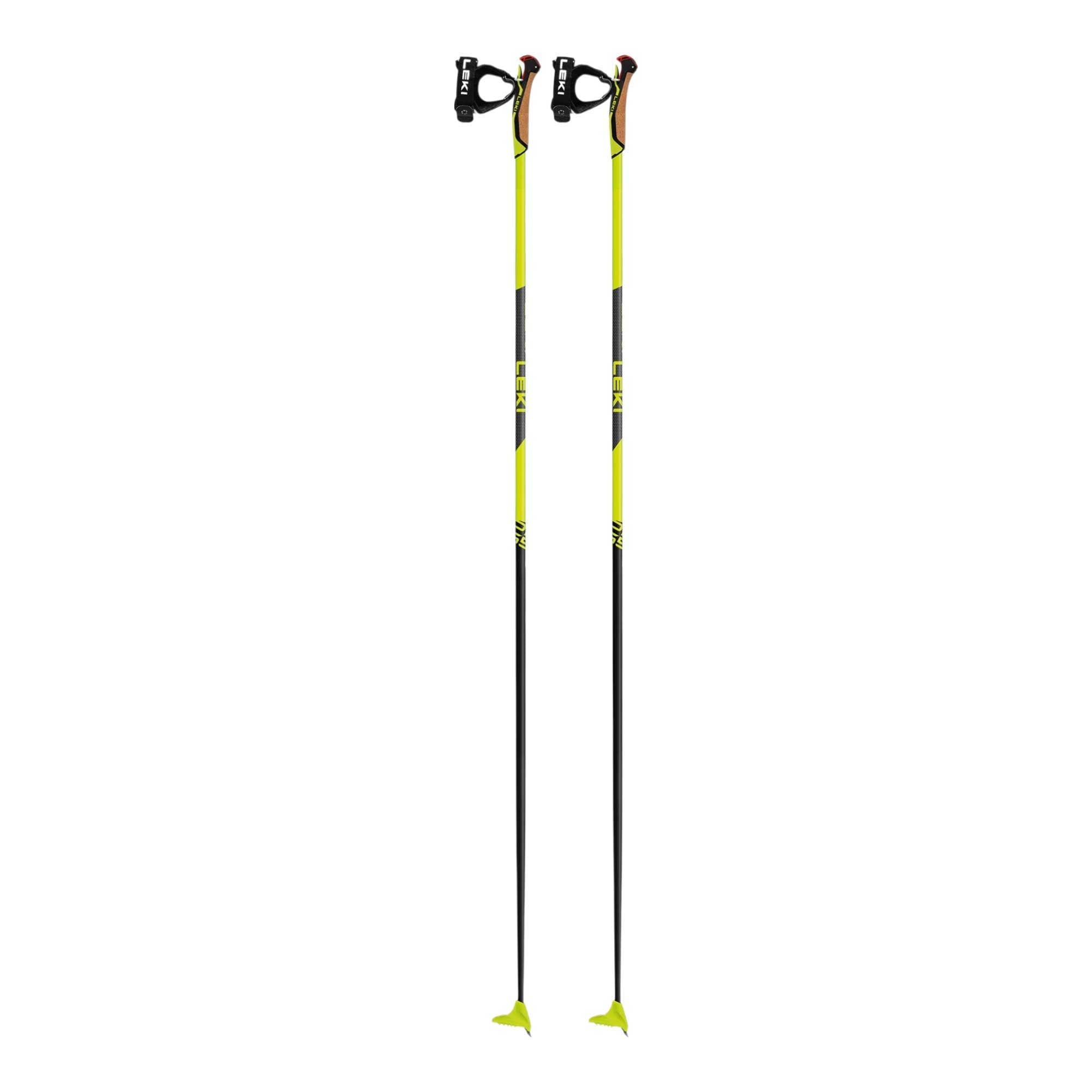 LEKI ski poles with bright yellow shafts, dark grip area, and small snow baskets