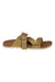 The Chaco Womens Lowdown Slide is a tan sandal with a brown footbed, adjustable fabric straps, and a white sole—an ideal vegan slip-on for everyday comfort, shown from the side against a white background.