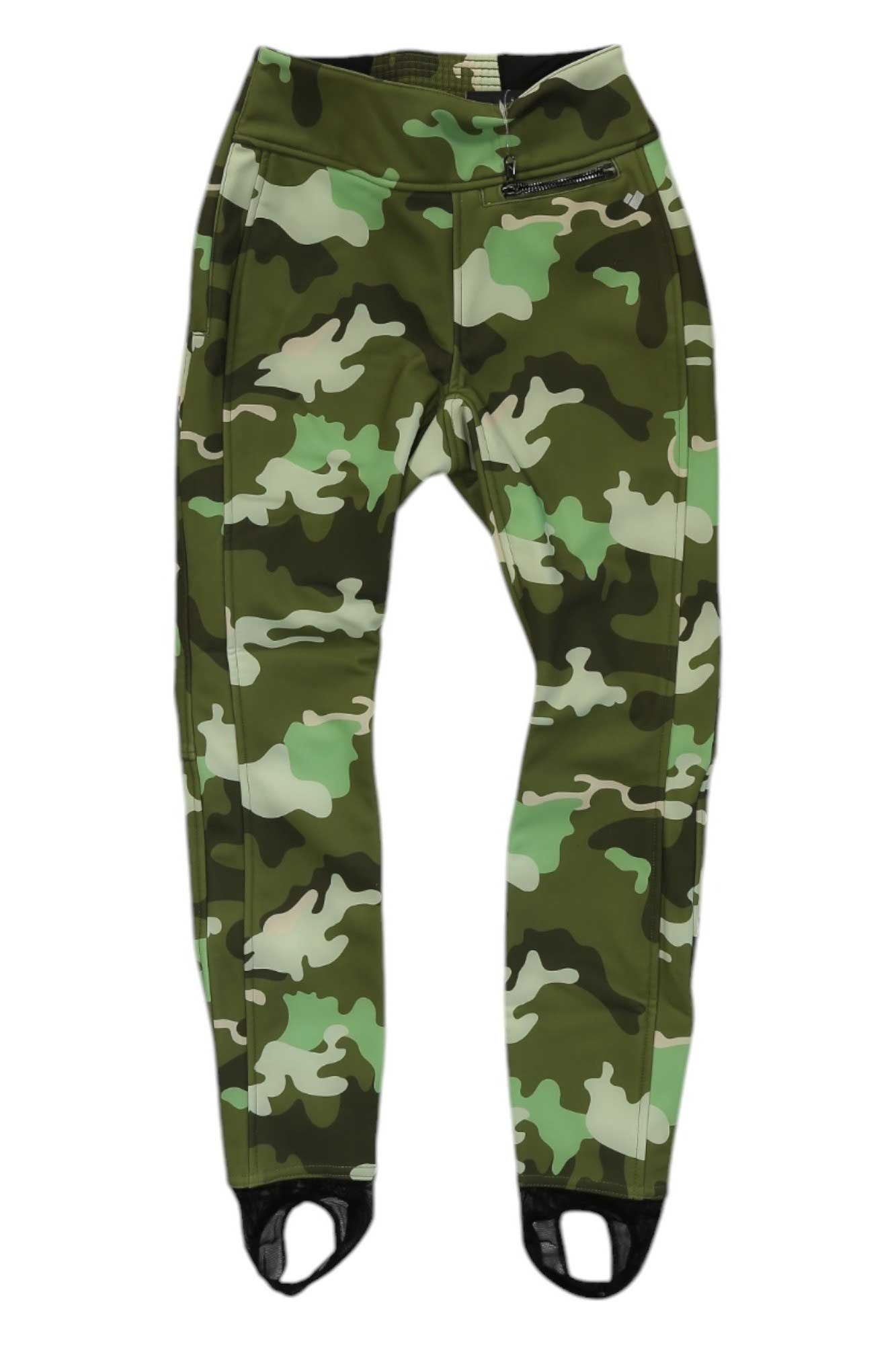 Obermeyer Womens Jinks ITB Softshell Pants in green camouflage, featuring a right-side zipper pocket and elastic foot straps at the cuffs, shown flat on a white background.