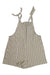 Toad & Co Women's Taj Hemp Shorterall in beige and white stripes features adjustable tie straps and front pockets, made from quick-dry fabric, shown laid flat on a white background.