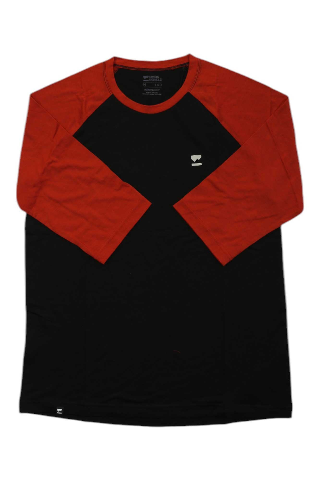 Men's merino raglan 3/4 top in retro red and black, contrast crew neck