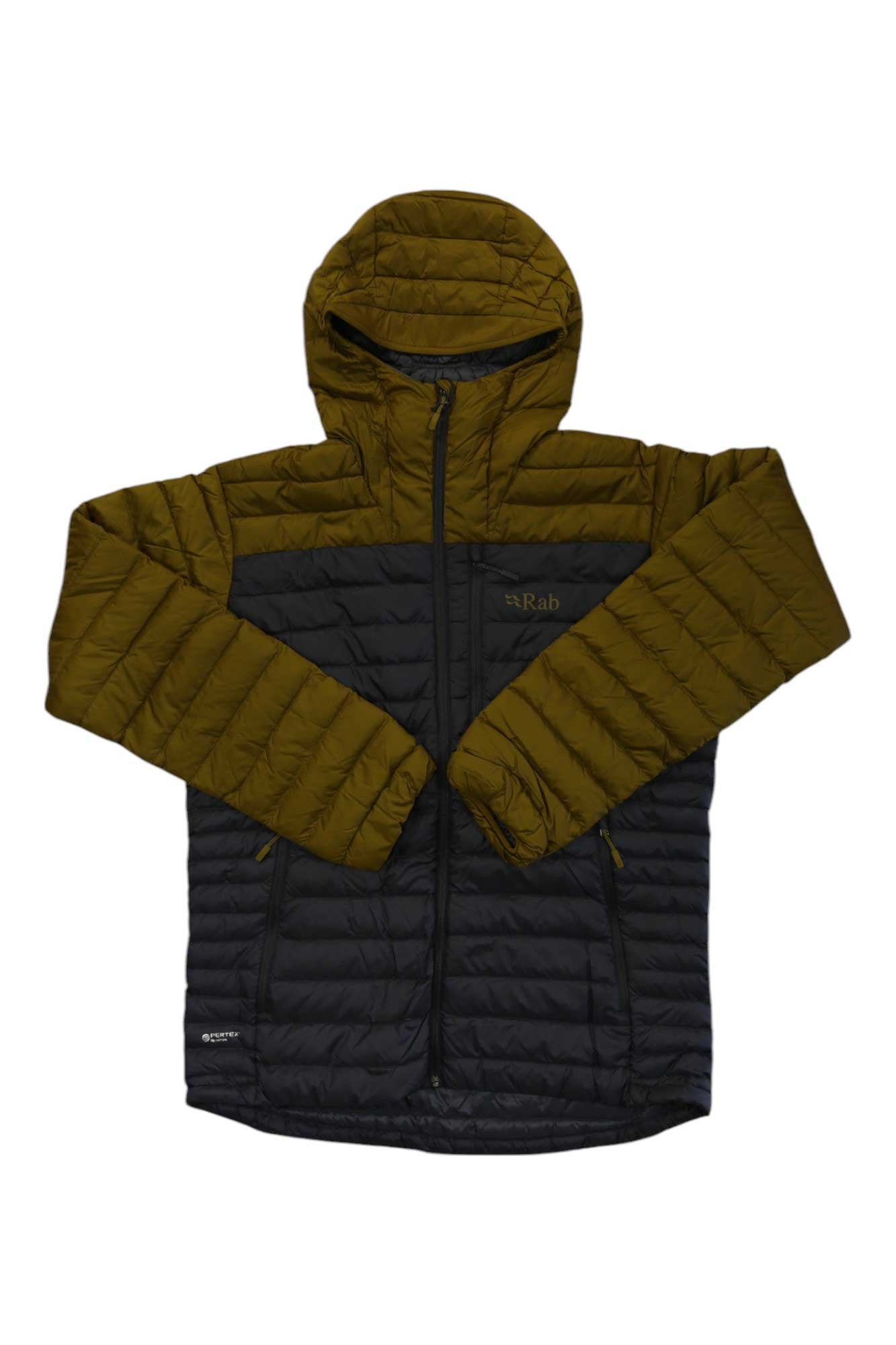 Men's olive green hooded puffer jacket with full-zip and contrast dark front panel; Rab logo.