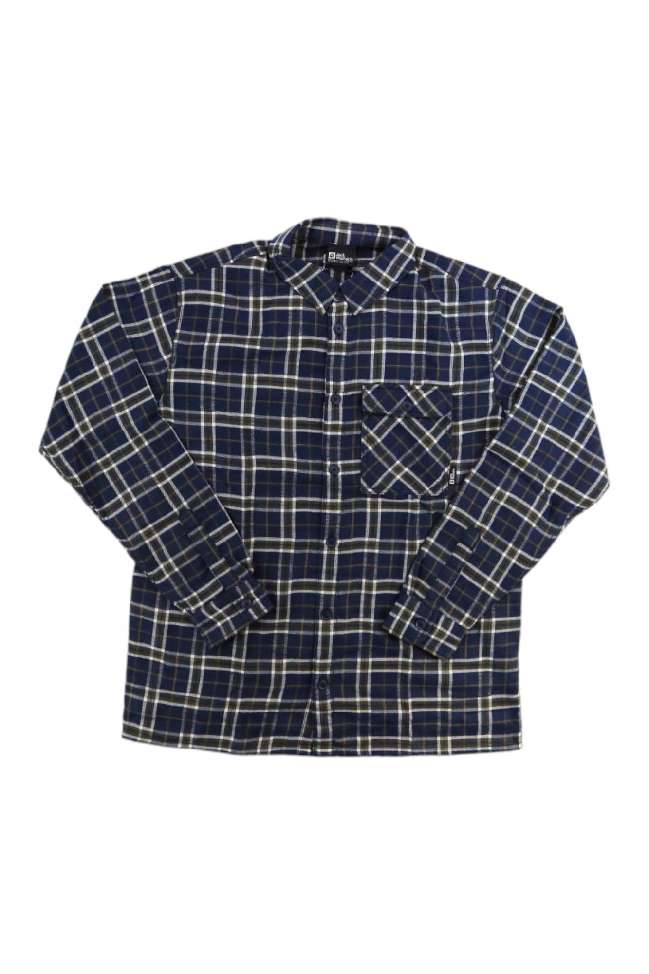 The Jack Wolfskin Mens Morgenluft Shirt is a blue, white, and yellow plaid flannel with a front chest pocket, shown laid flat on a white background. Lightweight, it’s ideal for layering in any season.