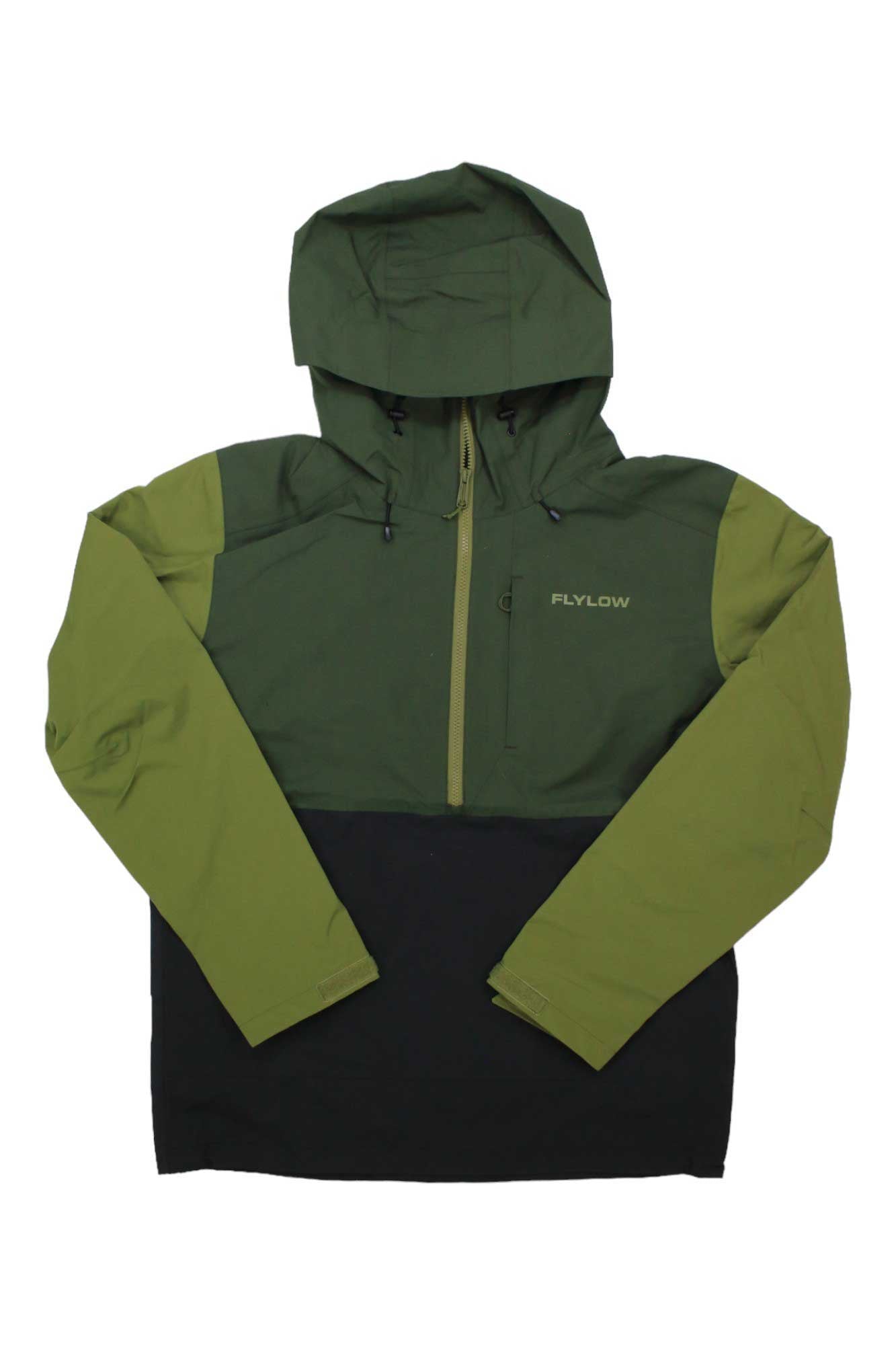 The Flylow Men's Knight Anorak is a waterproof ski shell with olive green sleeves and hood, darker green chest, black lower section, front zipper, chest pocket, and FLYLOW logo on the left chest.