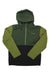 The Flylow Men's Knight Anorak is a waterproof ski shell with olive green sleeves and hood, darker green chest, black lower section, front zipper, chest pocket, and FLYLOW logo on the left chest.