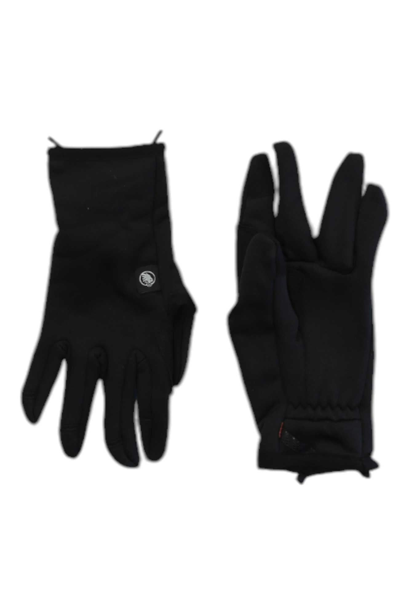 The Mammut Fleece Pro Glove in black is shown with one glove facing palm up and the other showing the back, featuring a small circular logo on the wrist—ideal durable gloves for outdoor use.