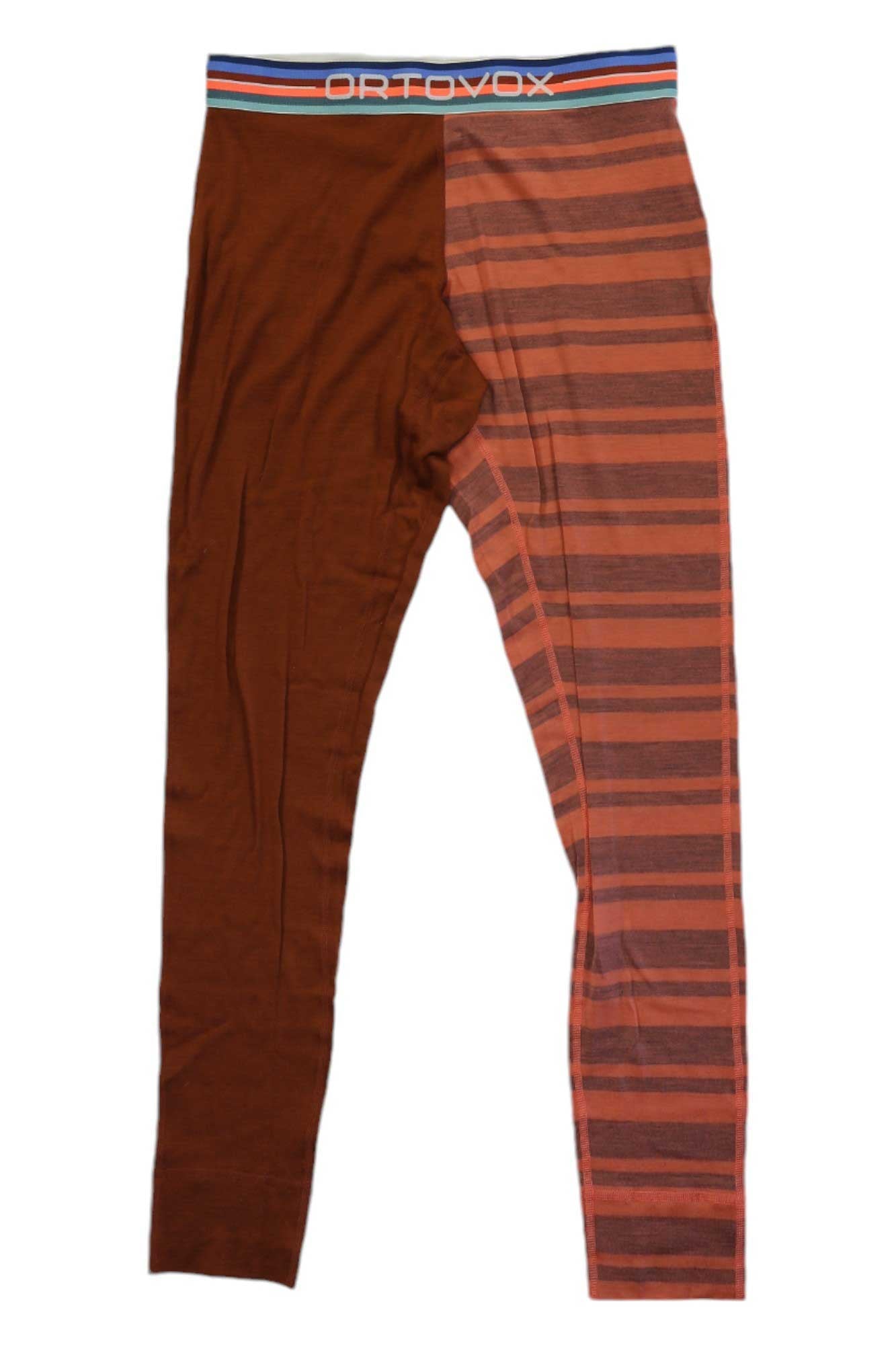 Women's long pants with brown body, rust striped side panel, Ortovox waistband