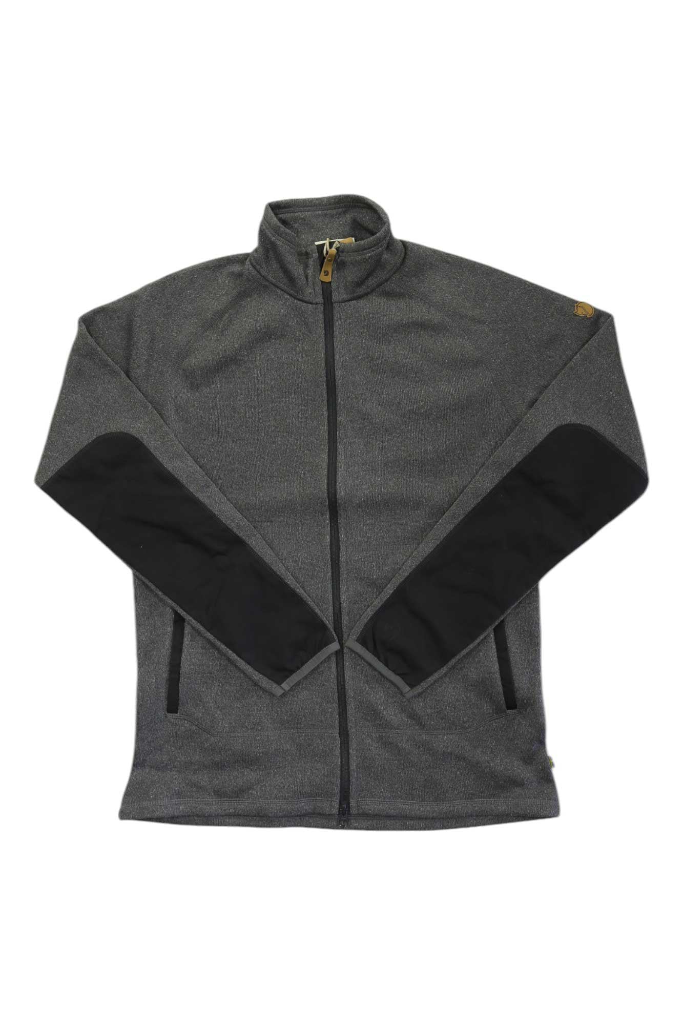 The Fjallraven Mens Ovik Fleece Zip Sweater, in gray recycled polyester, features a high collar, black elbow patches, and zippered side pockets, displayed flat against a white background.