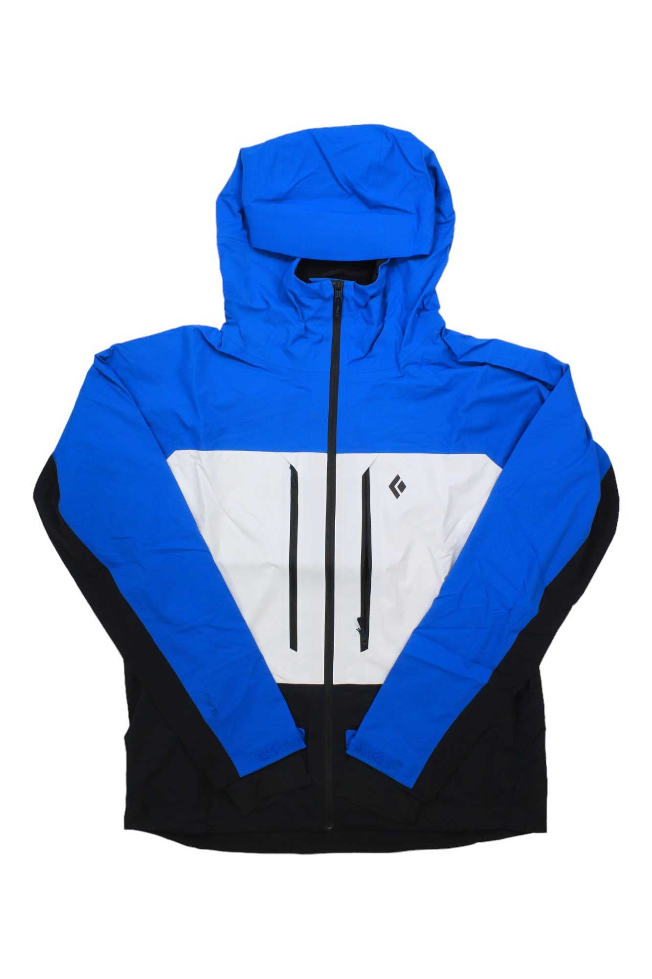 The Black Diamond Mens Dawn Patrol Hybrid Shell Jacket is a color-blocked climbing jacket with blue sleeves and hood, a white front panel featuring a small black logo, black lower section, and a front zipper.