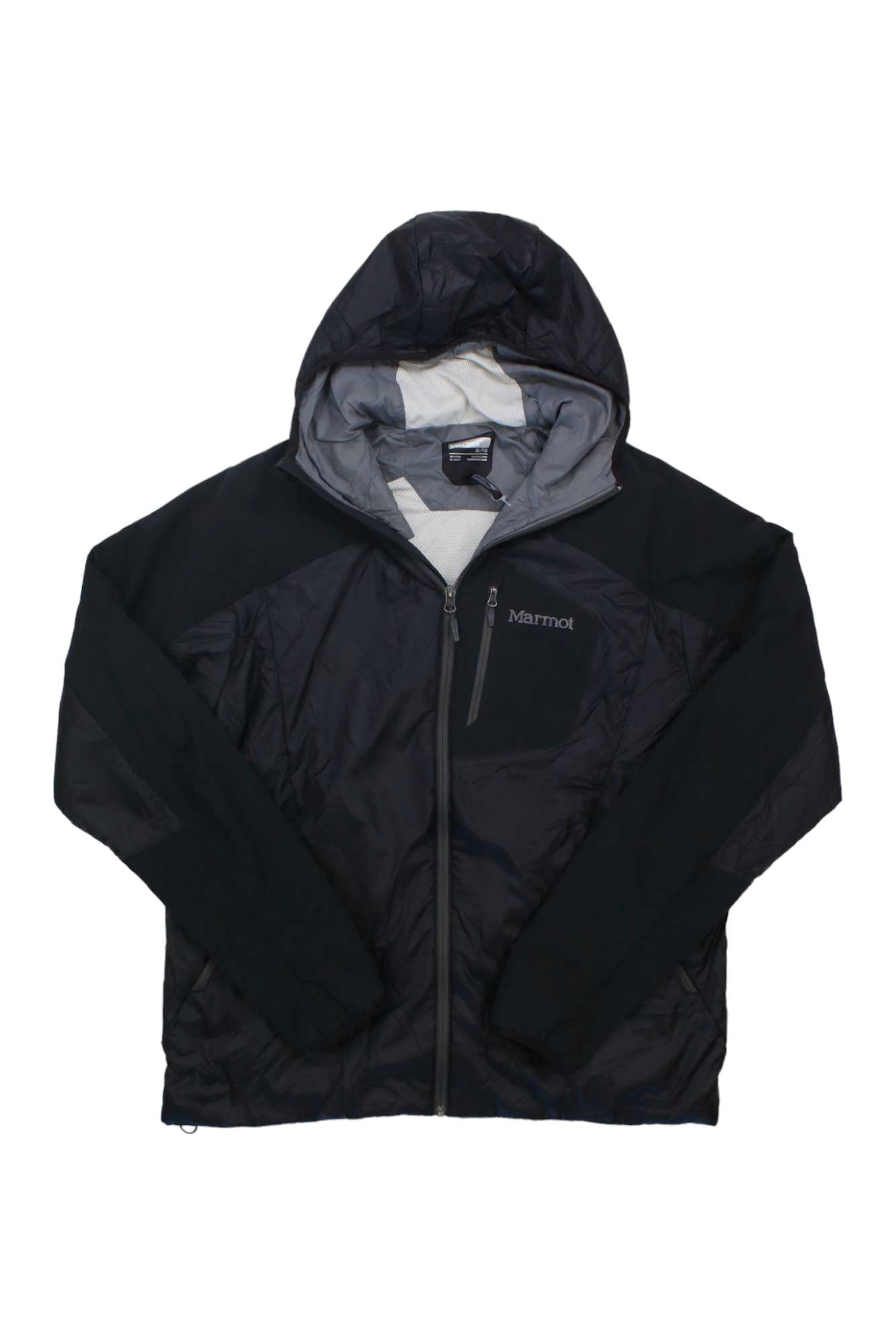 The Men's Isotherm Insulated Hoody Jacket in black, featuring a front zipper, long sleeves, light gray lining, Polartec Alpha insulation, and a Pertex Quantum shell, is laid flat on a white background.