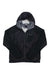 The Men's Isotherm Insulated Hoody Jacket in black, featuring a front zipper, long sleeves, light gray lining, Polartec Alpha insulation, and a Pertex Quantum shell, is laid flat on a white background.