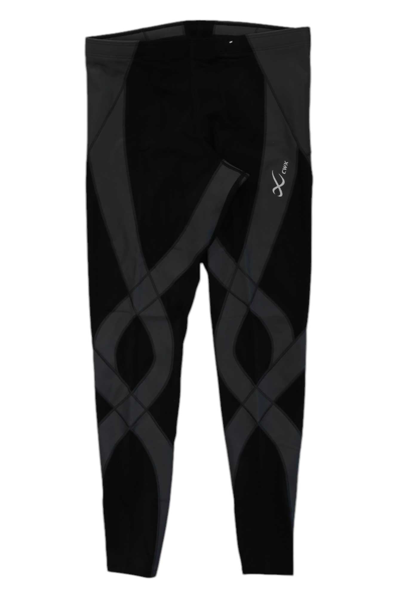 The CW-X Men's Endurance Generator Joint & Muscle Support Compression Tight features black fabric with gray geometric patterns, muscle support, and a small white logo on the upper left thigh.