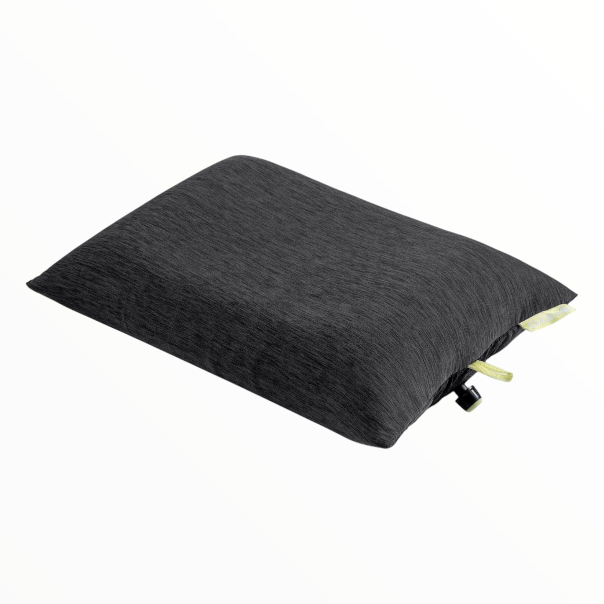 The Nemo Fillo Elite Pillow is a dark gray, rectangular ultralight camping pillow with a smooth cover, small black valve, and yellow tag on one side—ideal for backpacking and shown on a plain white background.