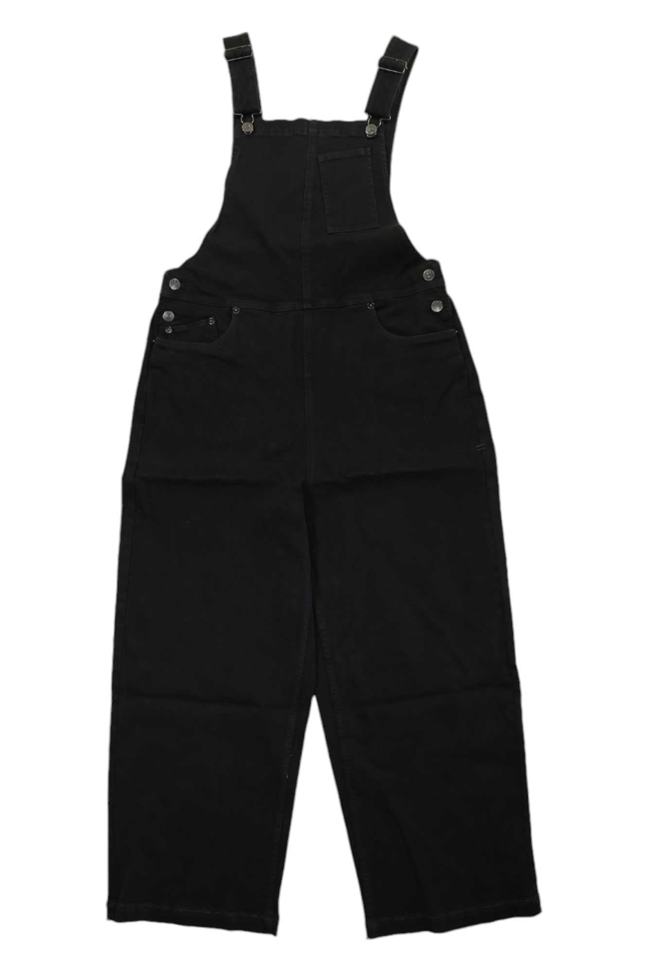 Women’s black denim overall with adjustable straps, button bib, and front pockets