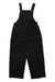 Women’s black denim overall with adjustable straps, button bib, and front pockets