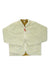 The Topo Designs Womens Sherpa Jacket is cream-colored with long sleeves, a white zipper and trim, red zipper pull, two front pockets, and light brown lining—great for outdoor adventures. Shown laid flat on a white background.