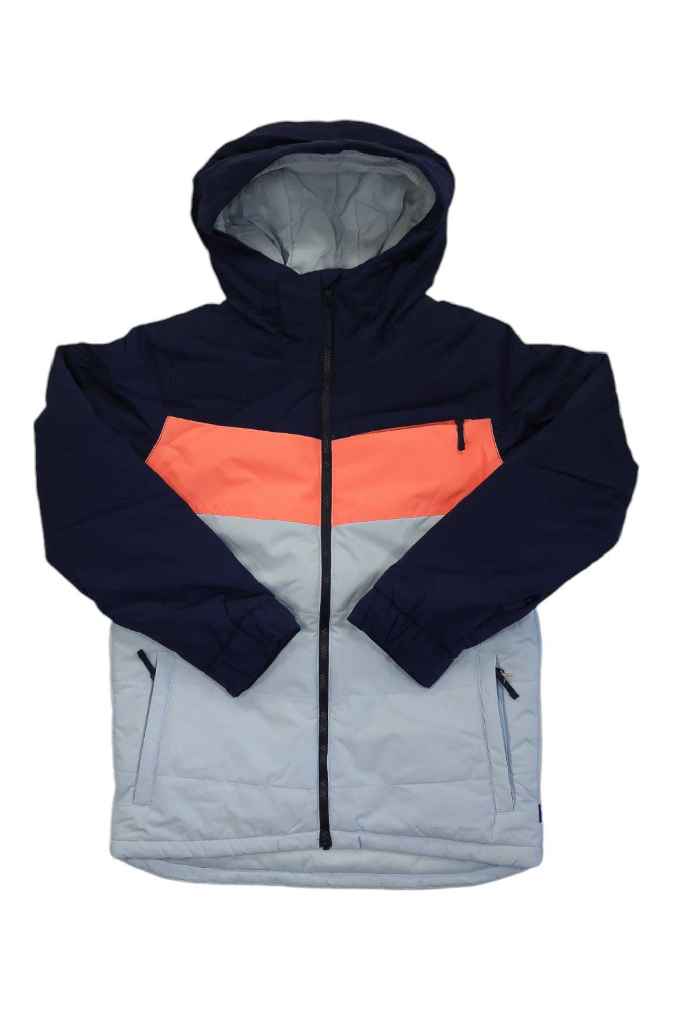 The Burton Boys' Ropedrop Jacket is a boys winter jacket for all-mountain use, featuring a navy hood, bright orange chest stripe, light gray bottom, front zipper, and zippered side pockets.