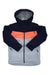 The Burton Boys' Ropedrop Jacket is a boys winter jacket for all-mountain use, featuring a navy hood, bright orange chest stripe, light gray bottom, front zipper, and zippered side pockets.
