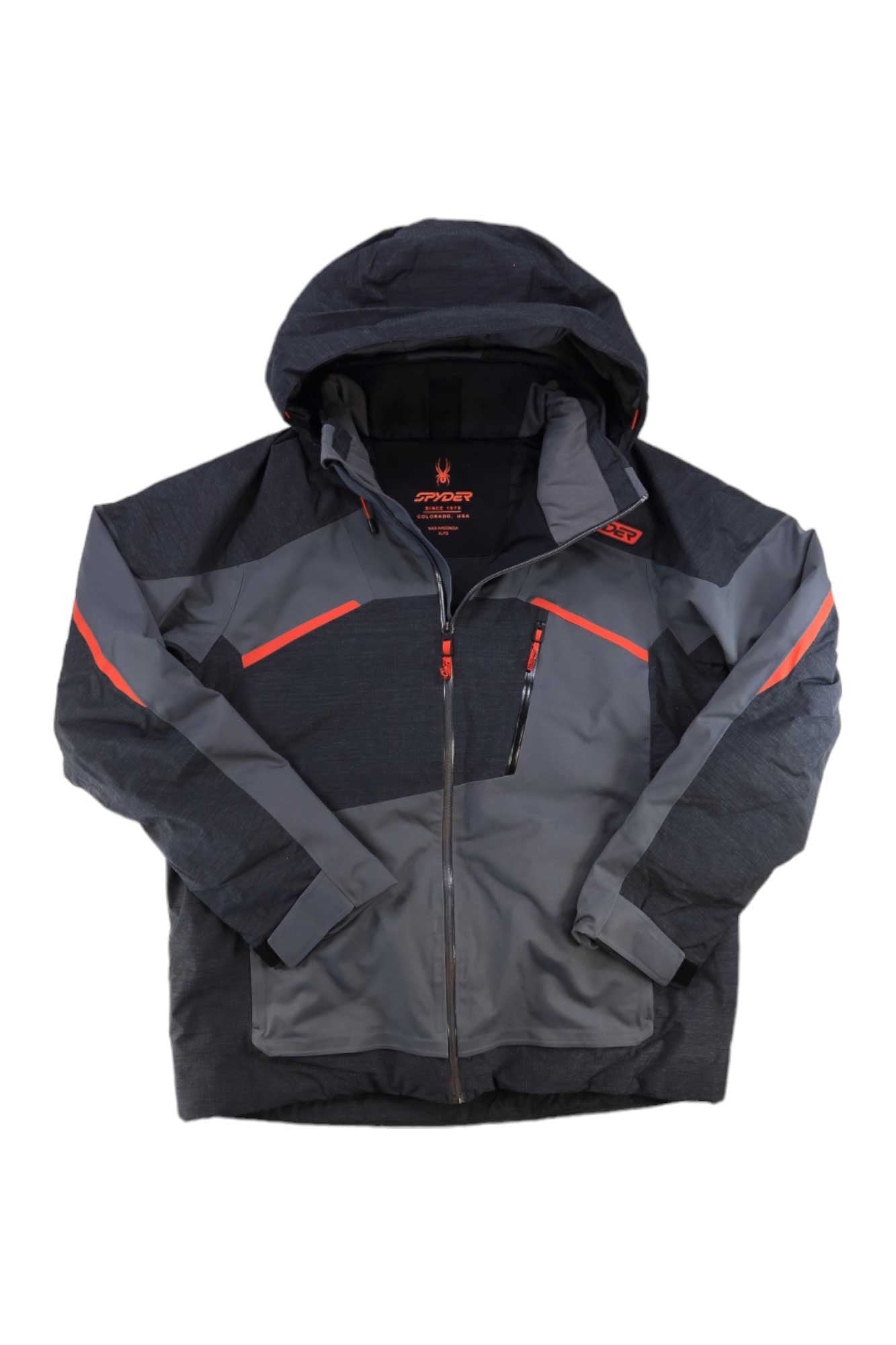 The Spyder Mens Leader Jacket is a dark and light gray waterproof ski jacket with orange accents, front zipper, zippered chest pocket, and adjustable sleeves. It features Primaloft Silver Eco insulation and is shown laid flat on a white background.