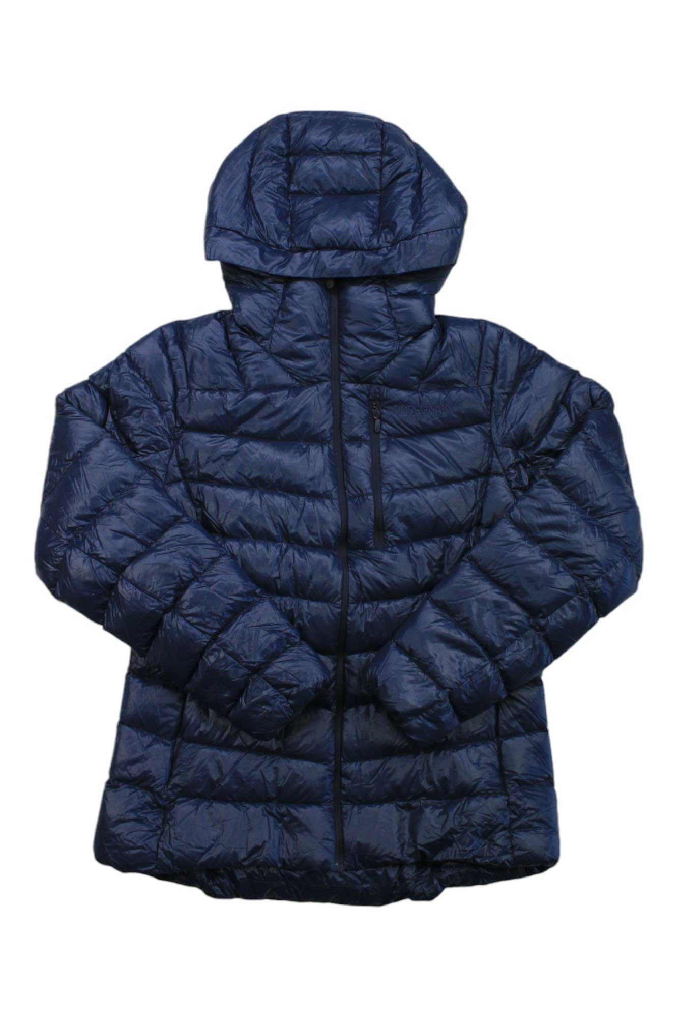 Navy down hoodie with full-zip and hood, quilted puffer jacket