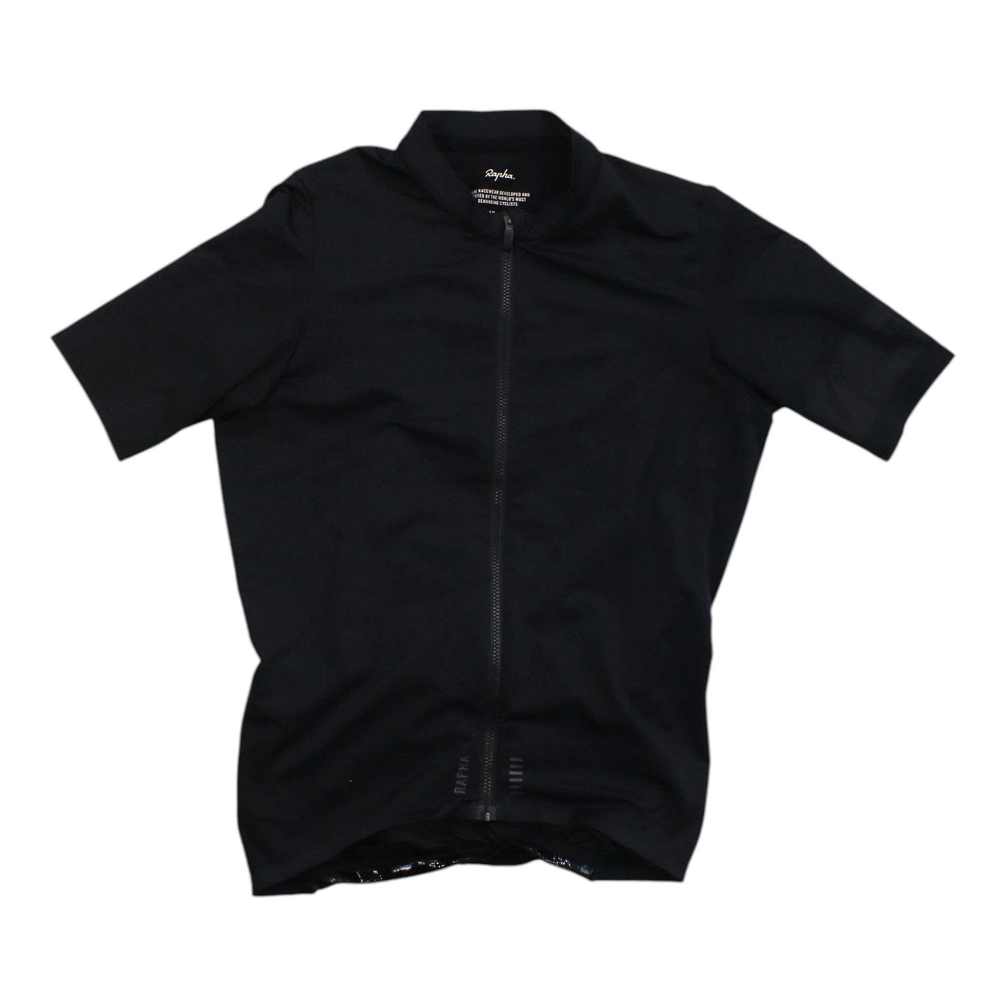 Black short-sleeve cycling jersey with full front zipper and stand collar