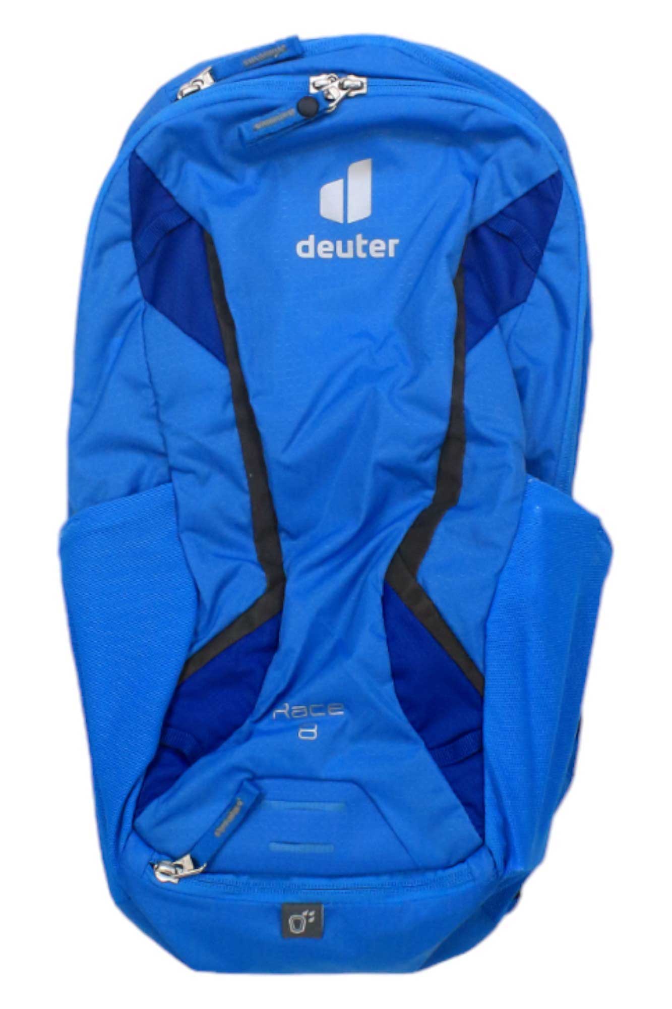 The Deuter Race 8L Pack is a bright blue mountain biking backpack with dark blue and black accents, two side pockets, zippered compartments, hydration compatibility, and the Deuter logo on the front.