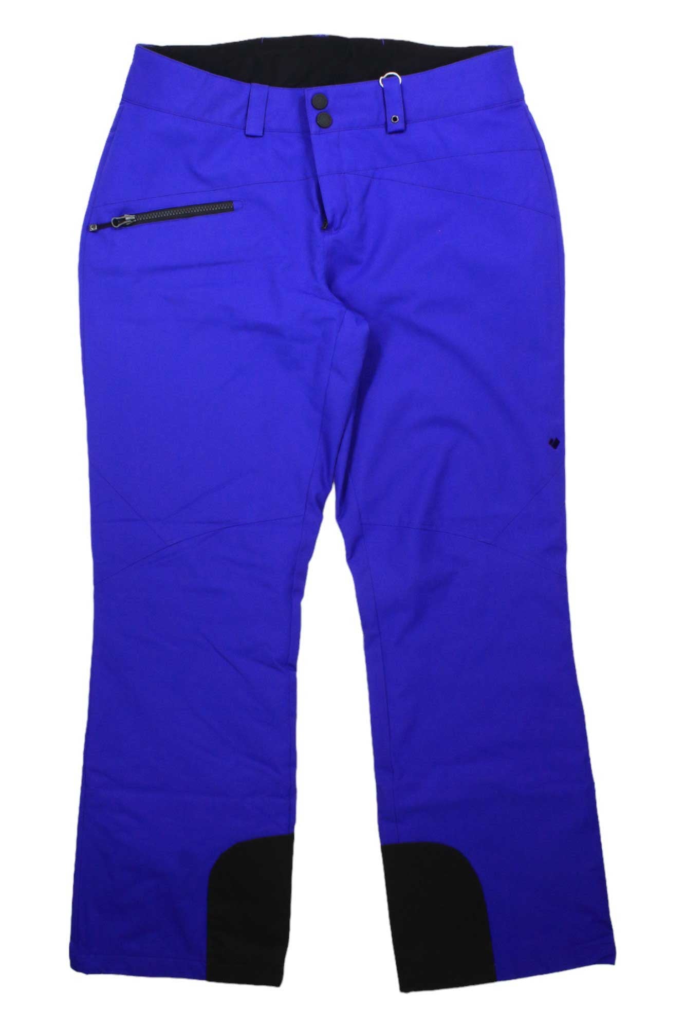 The Obermeyer Womens Malta Pant is a pair of bright blue, insulated ski pants with a zippered left pocket, black reinforced inner cuffs, belt loops, and a button-and-zipper waist closure.