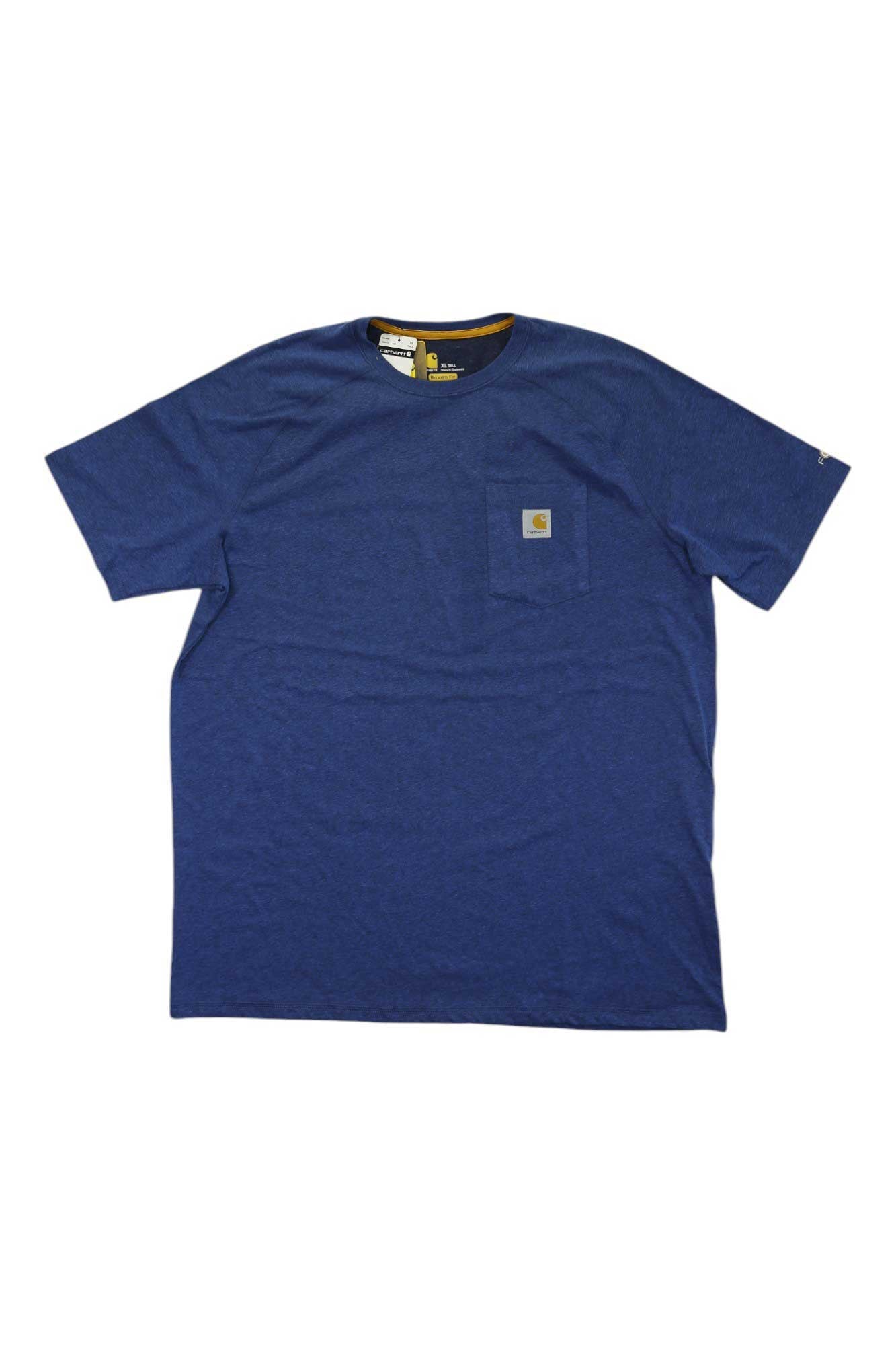 Navy blue short-sleeve pocket t-shirt with crew neck and chest logo patch