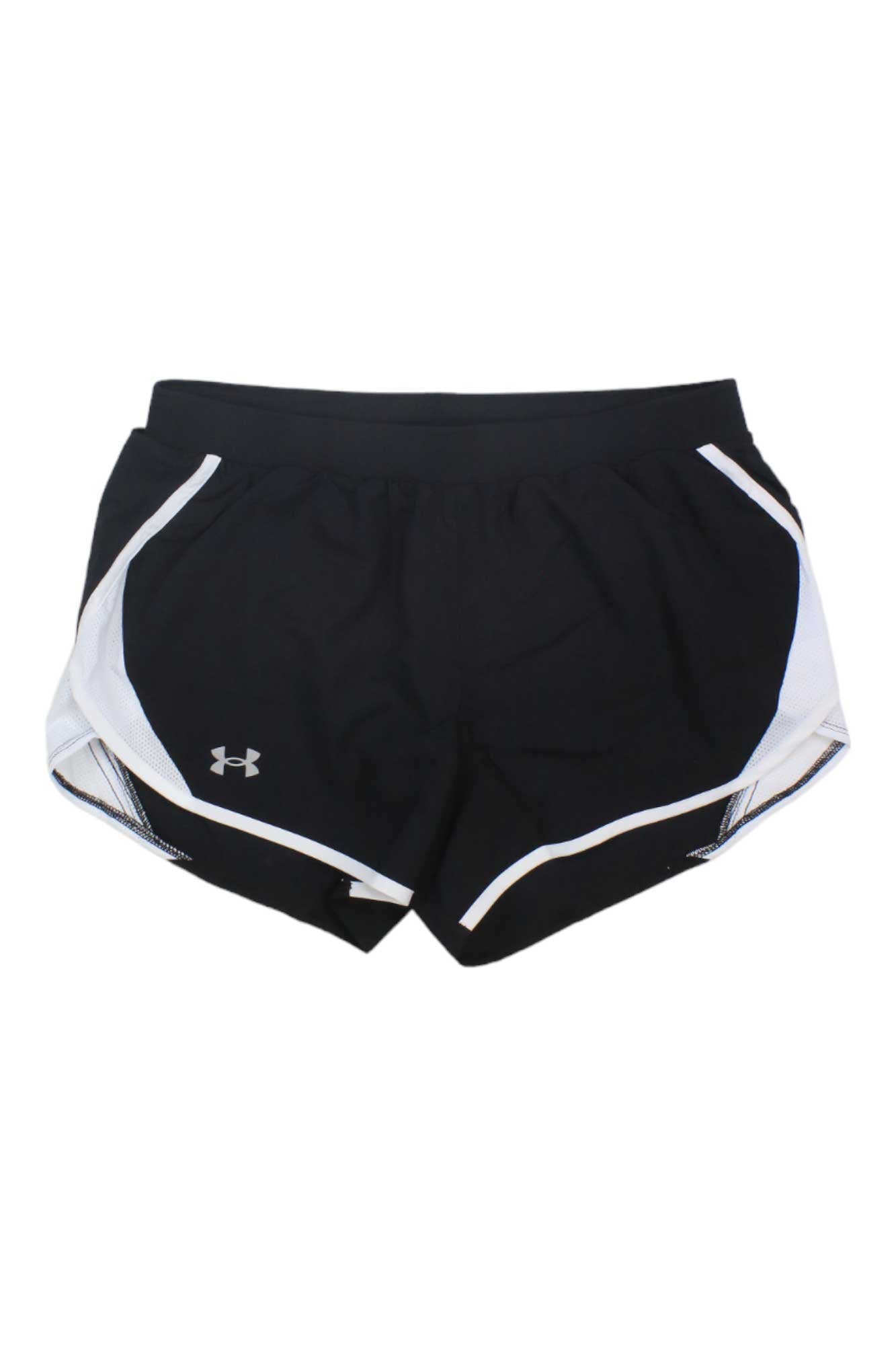 The Under Armour Women's Fly By 2.0 3.5 Inch Short is a black athletic short with white side panels and trim, featuring the Under Armour logo on the left leg.