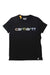 The Carhartt Womens Relaxed Fit Lightweight Multi Color Logo Graphic SS T-Shirt features a gradient Carhartt logo on the chest, relaxed fit for comfort, and a small label near the hem.