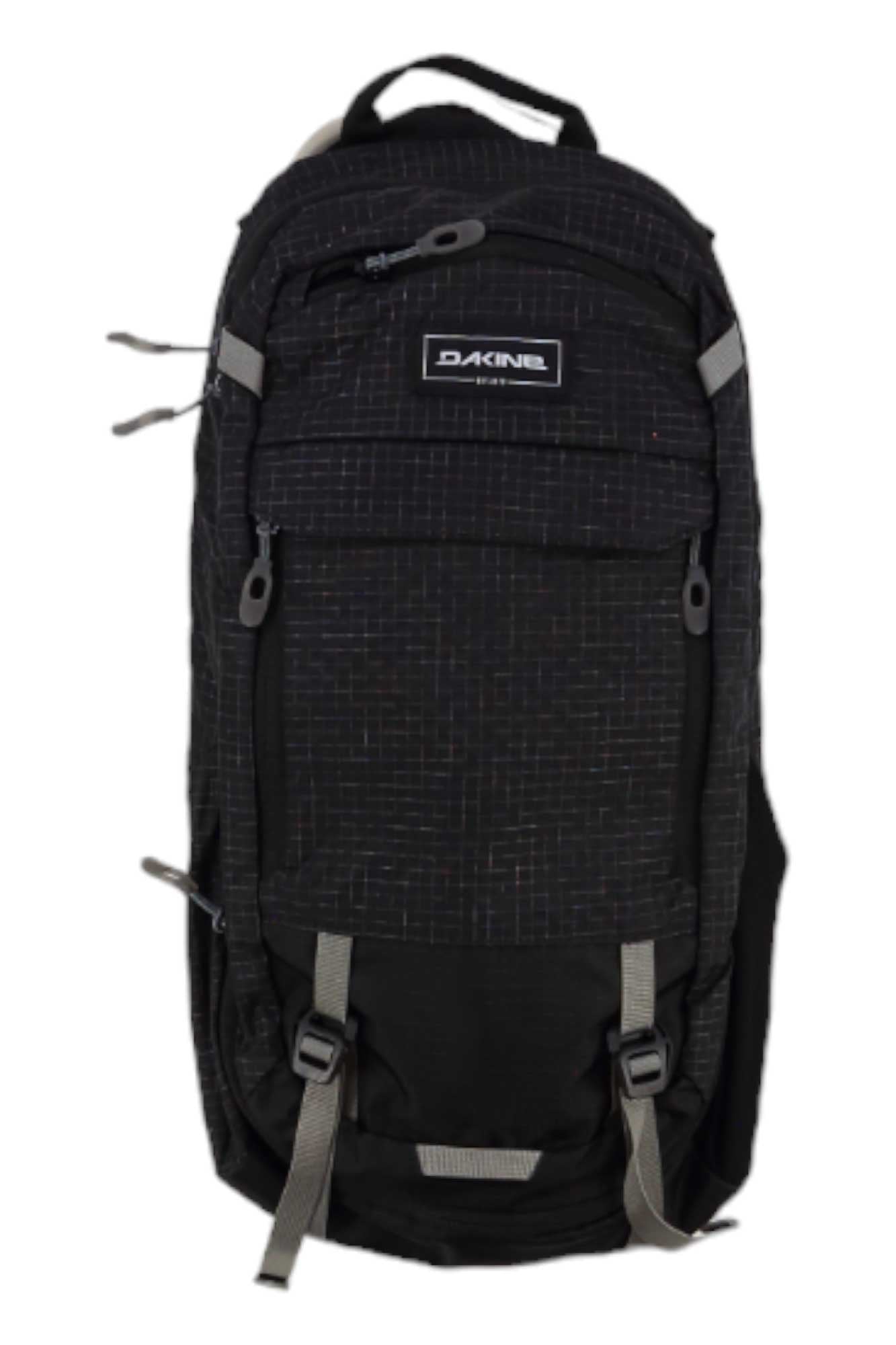 The Dakine Syncline 12L Hydration Pack is a black backpack with multiple zippered compartments, grey zipper pulls, and adjustable grey straps. It's spine protector compatible—perfect for mountain biking adventures. Photographed on a white background.