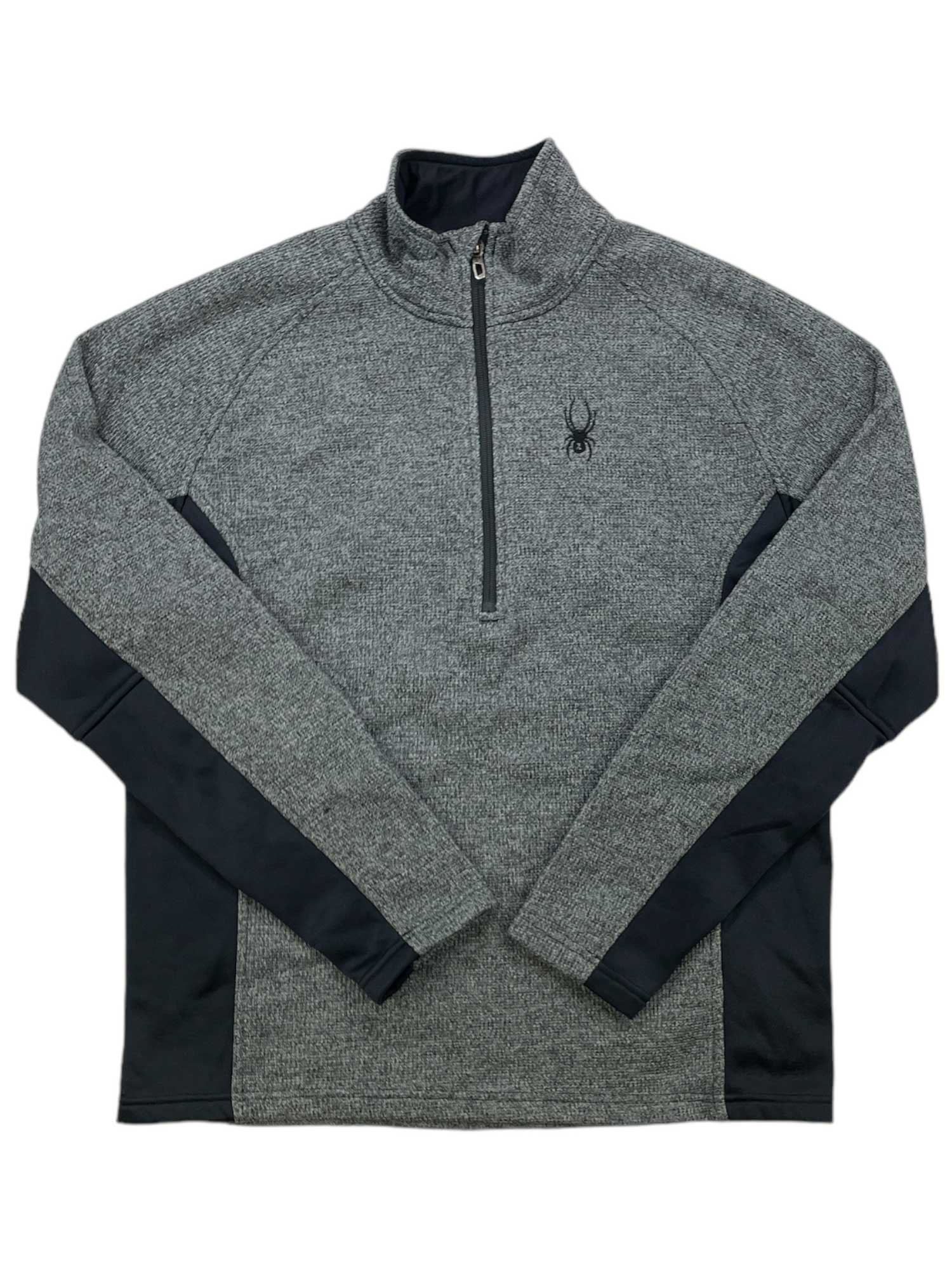 The Bandit Wengen Half Zip is a gray sweater-knit fleece jacket with black sides and underarms, a high collar, long sleeves, and a small spider logo on the left chest—perfect for cold-weather sports.