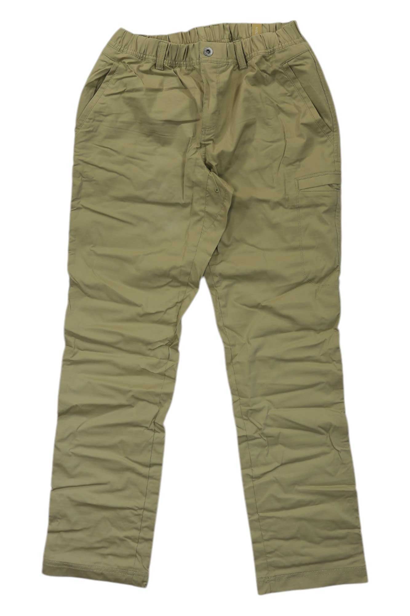 Tan women's double-peak pants with elastic waistband, button closure, and straight legs
