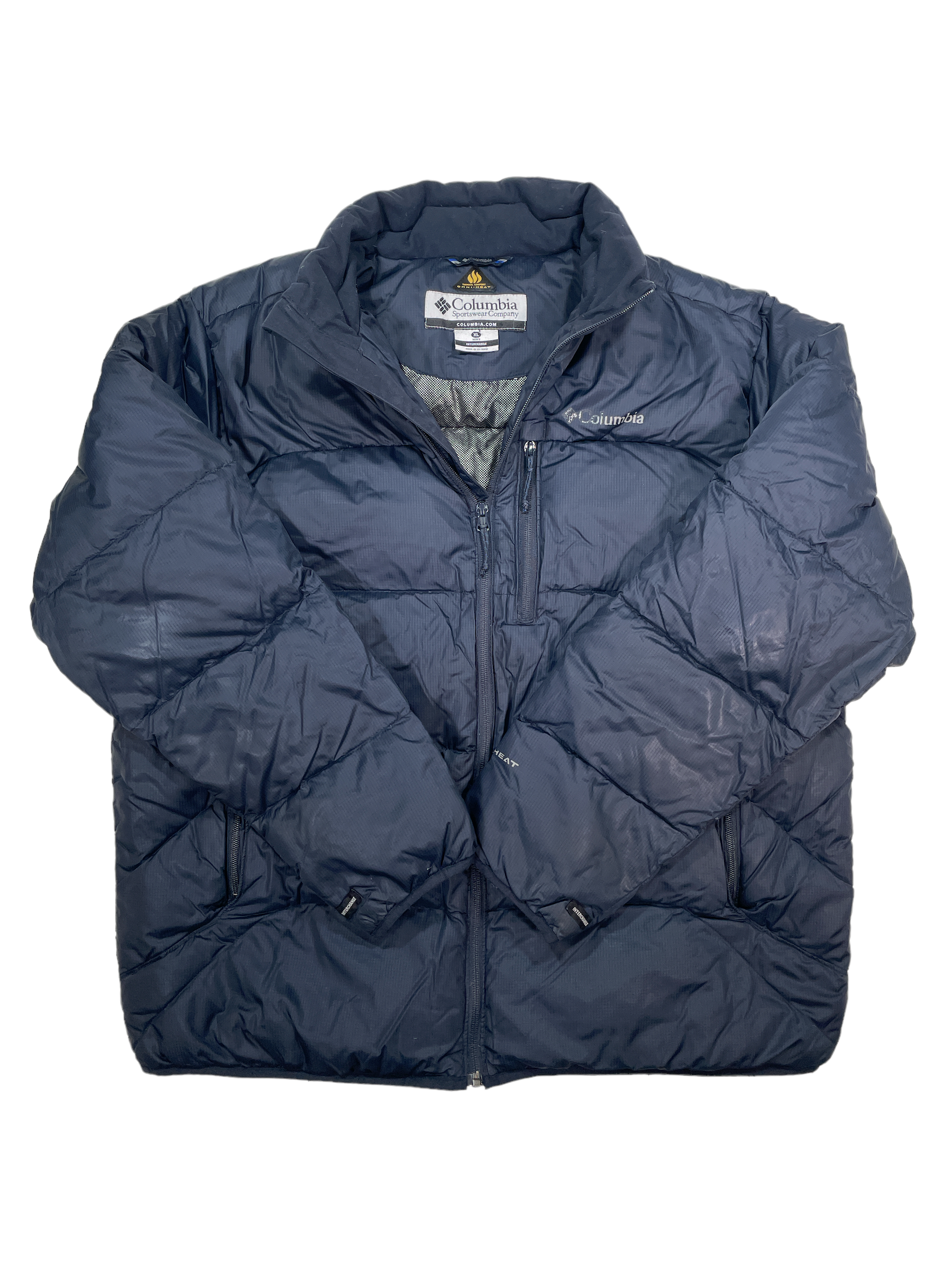 Columbia navy down puffer jacket with full zip, stand collar, two front pockets, quilted panels