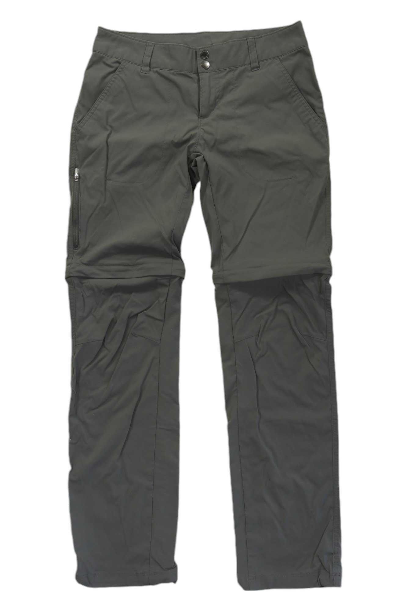 Women's Saturday Trail Convertible Stretch Pants in gray, featuring front pockets, a side zipper pocket, button closure, UPF 50 sun protection, shown flat on a white background.
