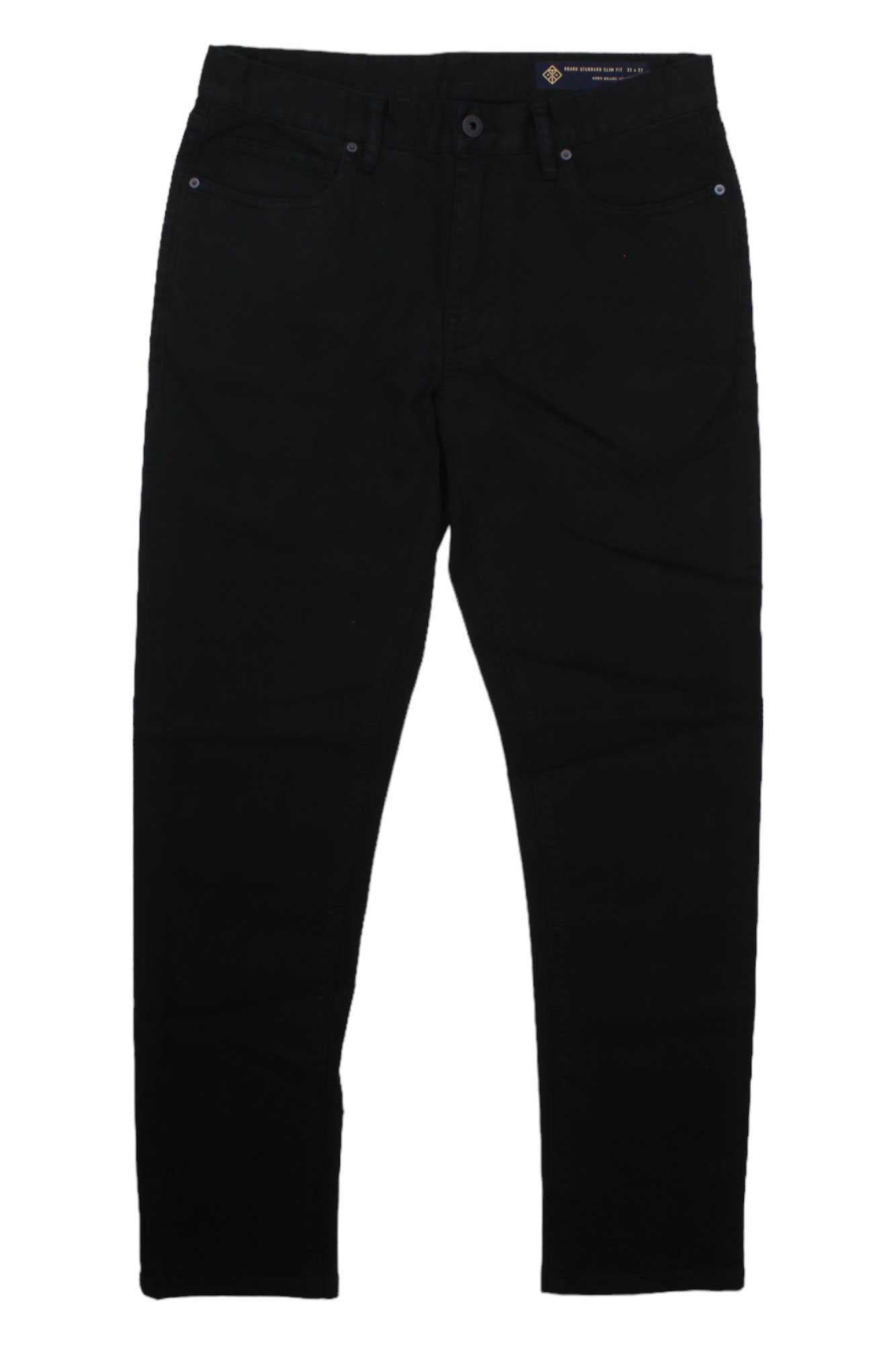 Men's 5-pocket pants, black with belt loops, button closure, straight leg.